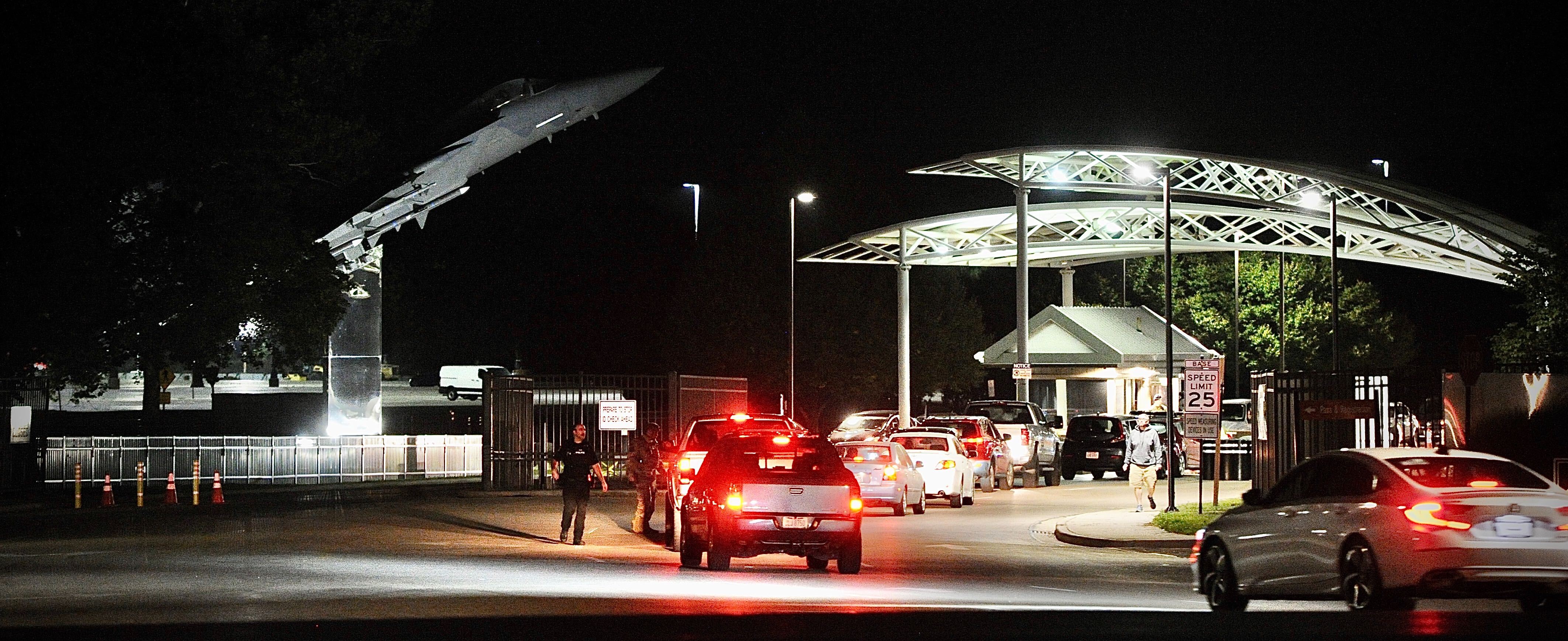 A line of cars are unable to enter through a gate in Area A of Wright-Patterson Air Force Base Sept. 9, 2021, because it is locked down following a report of an active shooter. MARSHALL GORBY\STAFF