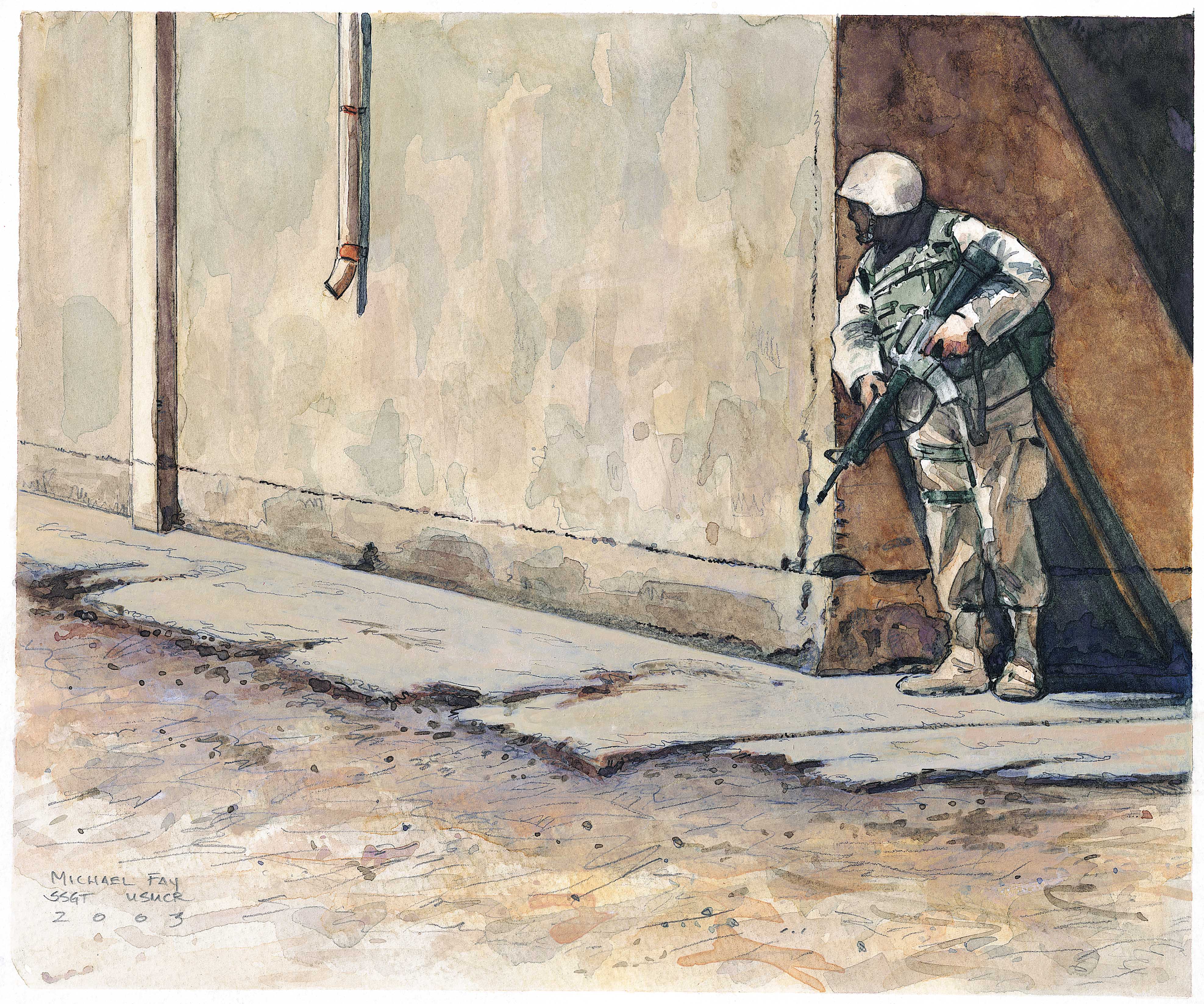 Raid outside Yusifiyah, Iraq by Chief Warrant Officer 2 Michael D. Fay, USMCR.  Watercolor and pen wash on paper.  A Marine armed with an M-16A2 rifle and protected by body armor stands ready to engage the enemy in a street outside Yusufiyah, a major city south of Baghdad, Iraq.  CONTRIBUTED