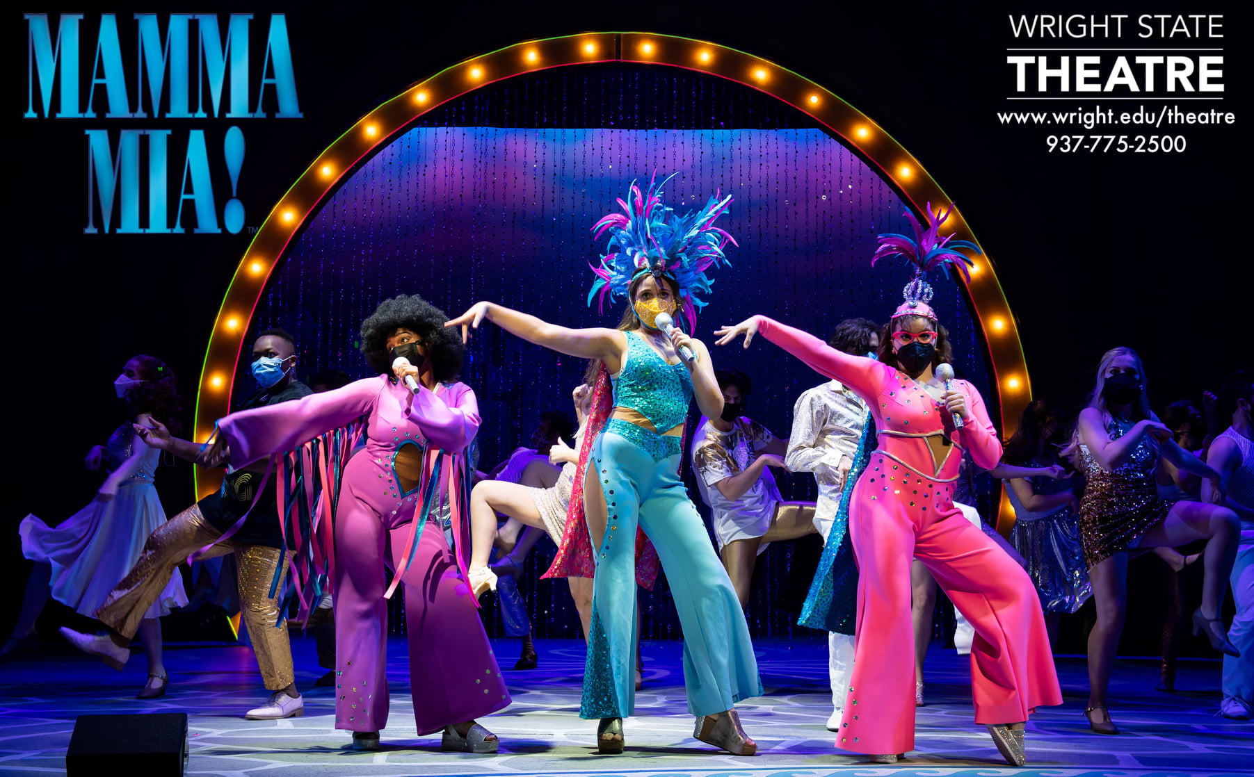 (left to right) D'Kaylah Whitley (Tanya Chresham-Leigh), Sophie Hardy (Donna Sheridan) and Ana Smith (Rosie Mulligan) in Wright State University's production of "Mamma Mia!