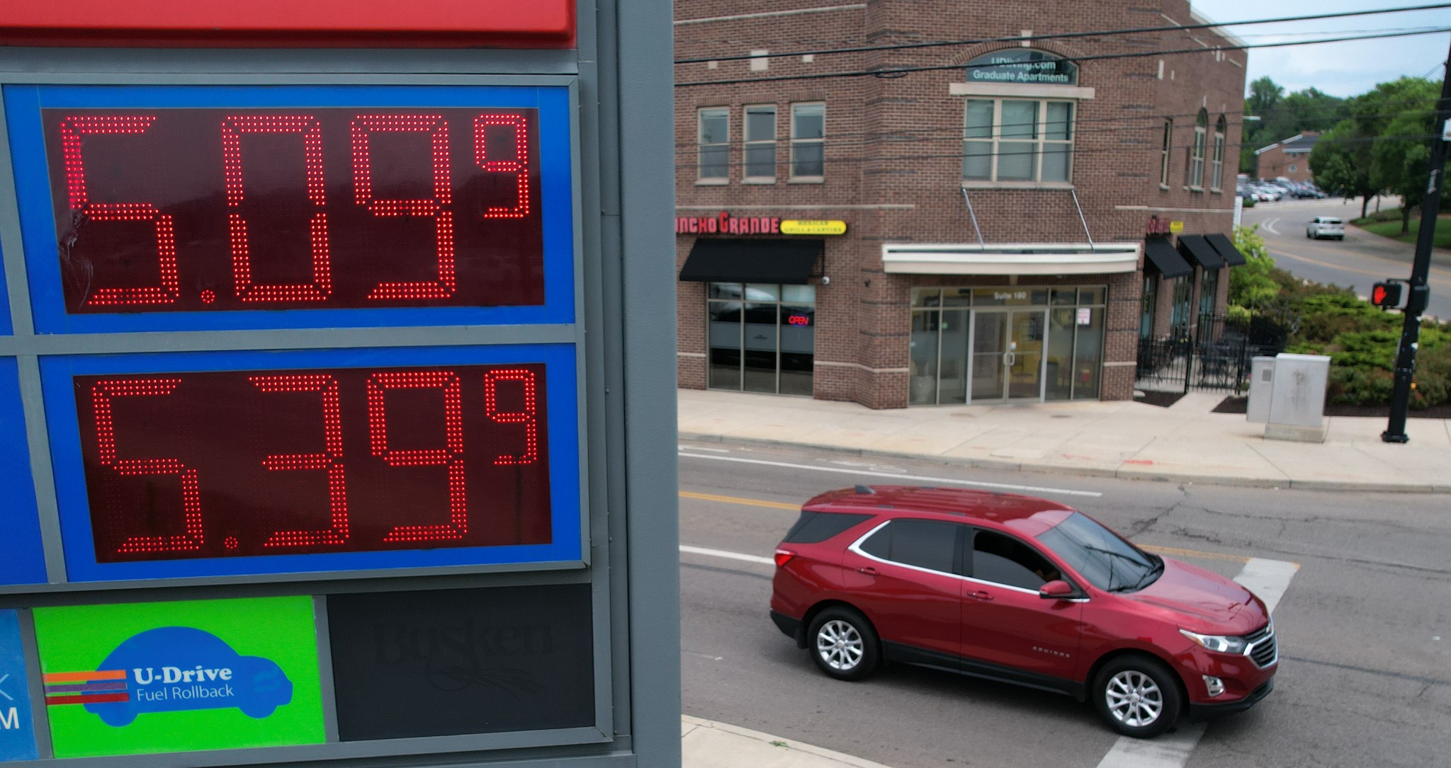 The price of UDF gas at the intersection of East Stewart and Brown Street exceeded $5 a gallon.  The average price of a gallon of gas rose 11 cents from Tuesday to Wednesday last week.  Jim Noelker / Staff