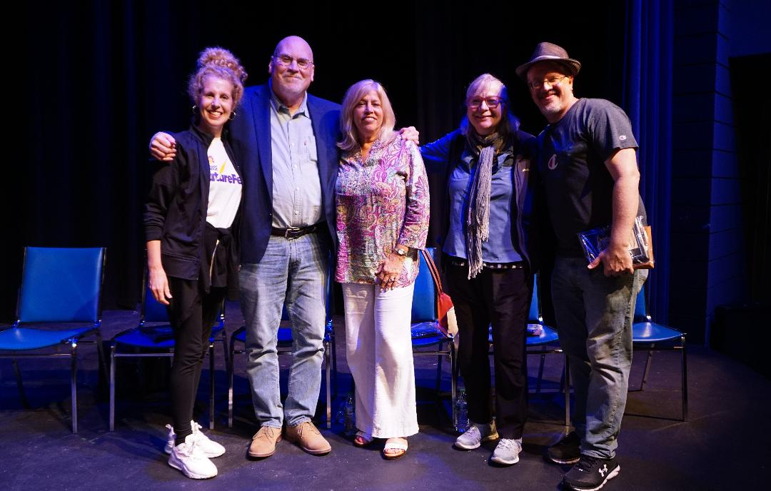 Left to right: The 2022 Dayton Playhouse FutureFest finalists: Holly Hepp-Galaván of Astoria, New York; William Cameron of Washington, Pennsylvania; Kate Katcher of Sandy Hook, Connecticut; Donna Kaz of Blue Point, New York; and Daniel Damiano of Brooklyn, New York. Angela J. Davis of Los Angeles, California was unable to attend.
