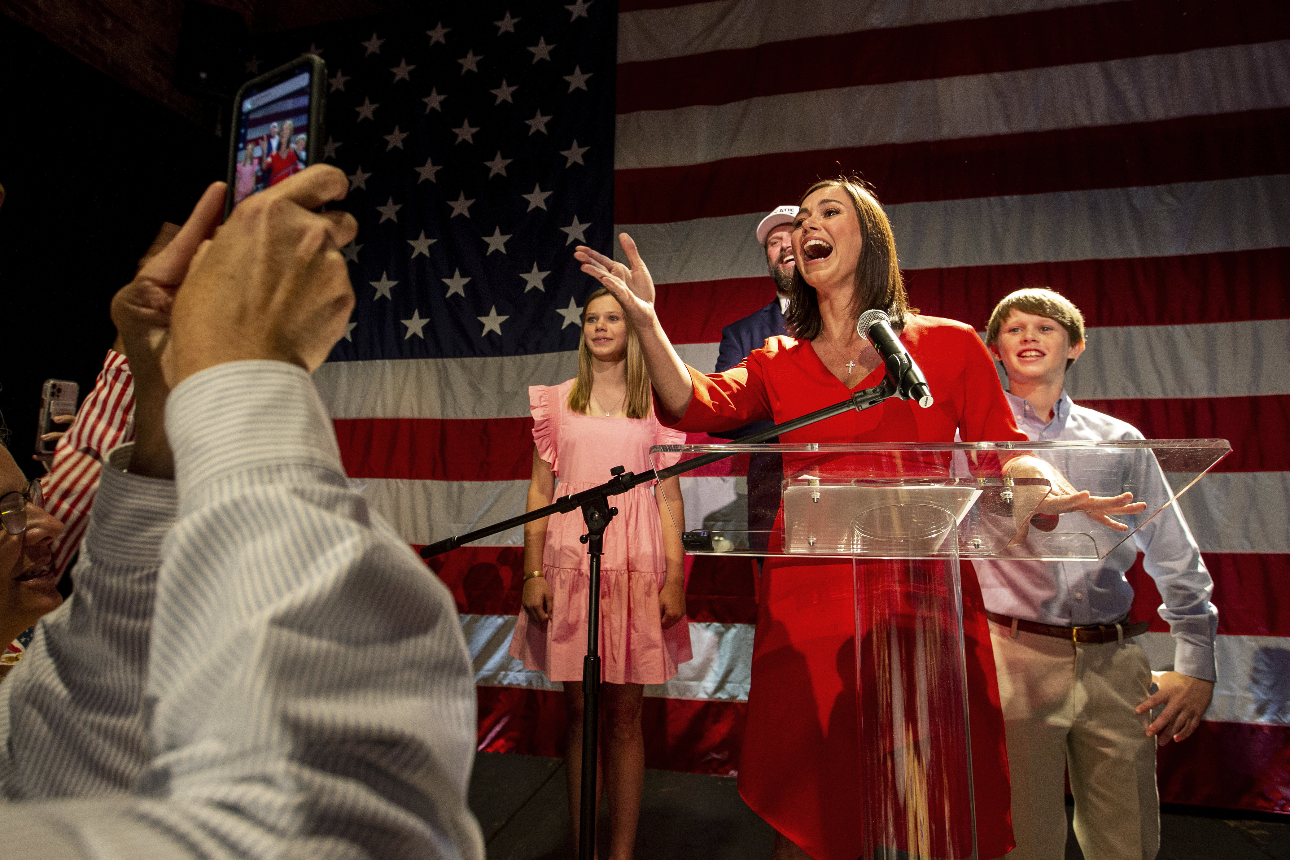 Republican U.S. Senate candidate Katie Britt speaks to supporters after securing the nomination during a runoff against Mo Brooks on Tuesday, June 21, 2022, in Montgomery, Ala. (AP Photo/Butch Dill)