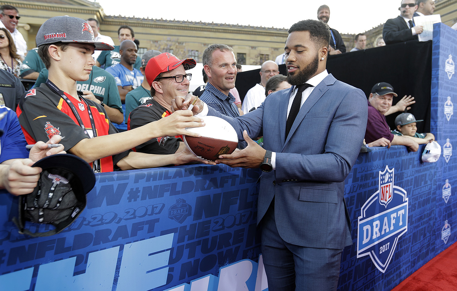 Ohio State's Marshon Lattimore arrives for the first round of the 2017 NFL football draft, Thursday, April 27, 2017, in Philadelphia. (AP Photo/Julio Cortez)
