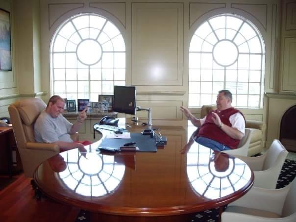 Bob Mills (right) and Aaron Whitmer (left), Bob’s 16-year old next door neighbor and friend, switch places in Bob’s office. CONTRIBUTED