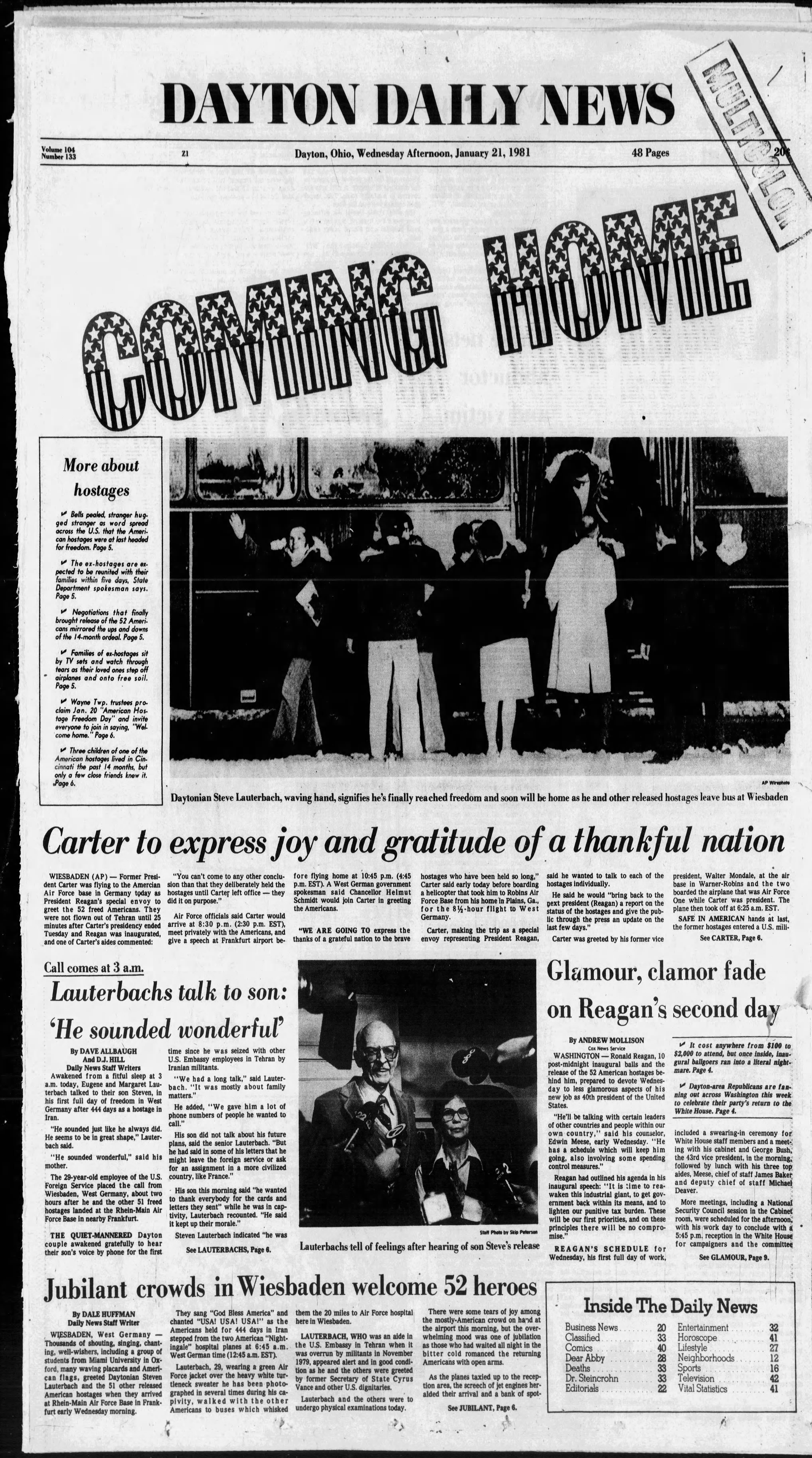 January 21, 1981: The front page of the Dayton Daily News covering the return of Steve Lauterbach of Dayton and other Iran hostages. VIEW THE FULL-SIZE PAGE: https://www.daytondailynews.com/rw/Pub/p9/DaytonDailyNews/2018/08/14/Images/1981_01_21.jpg