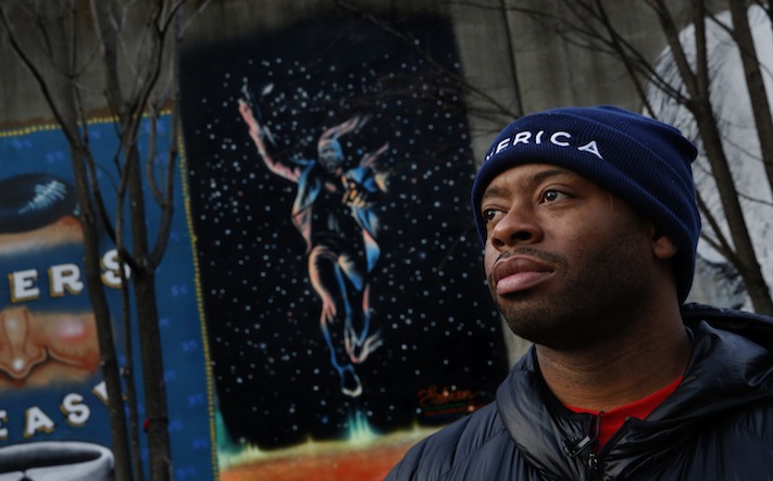 Fabian Williams, age 41, is a full-time artist living in Atlanta, Ga. One of his murals in downtown Atlanta is of Martin Luther King, titled MLK Wake Up. (Carolyn Cole/Los Angeles Times/TNS)