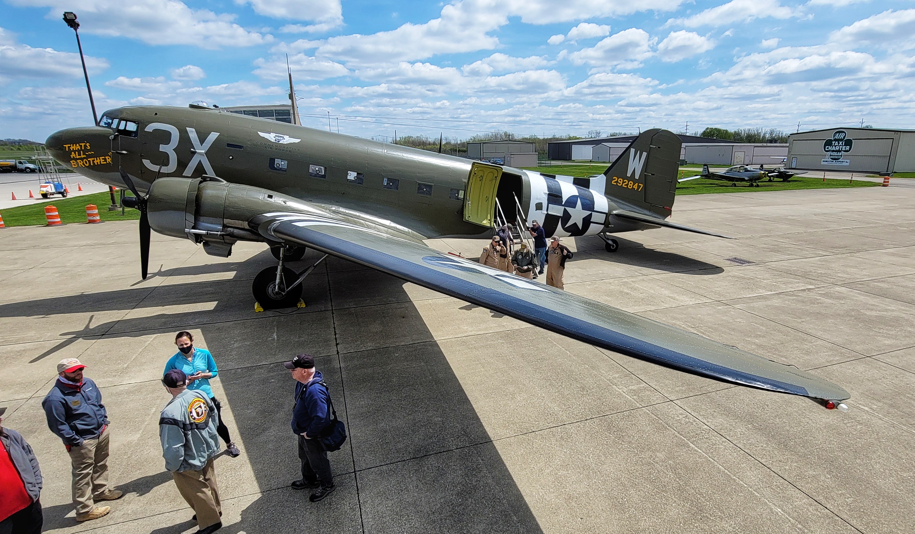 That’s All, Brother, a C-47 piloted by Lt. Col. John Donalson, arrived at Butler County Regional Airport Friday, April 16 for a three-day visit with tours and rides available. The historic WWII C-47 aircraft led over 800 C-47’s over the drop zones of Normandy, France on D-Day on June 6th, 1944. NICK GRAHAM / STAFF