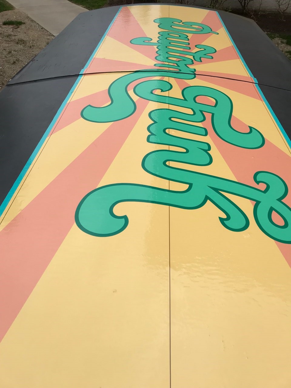 Dayton Pedal Wagon has unveiled its newly wrapped Dayton Funk bike. The wrap was designed as part of University of Dayton graphic design class. The winning design was created by UD students Jess Burnham, Meg Gramza and Nan Xiang. The top of the wagon is pictured.