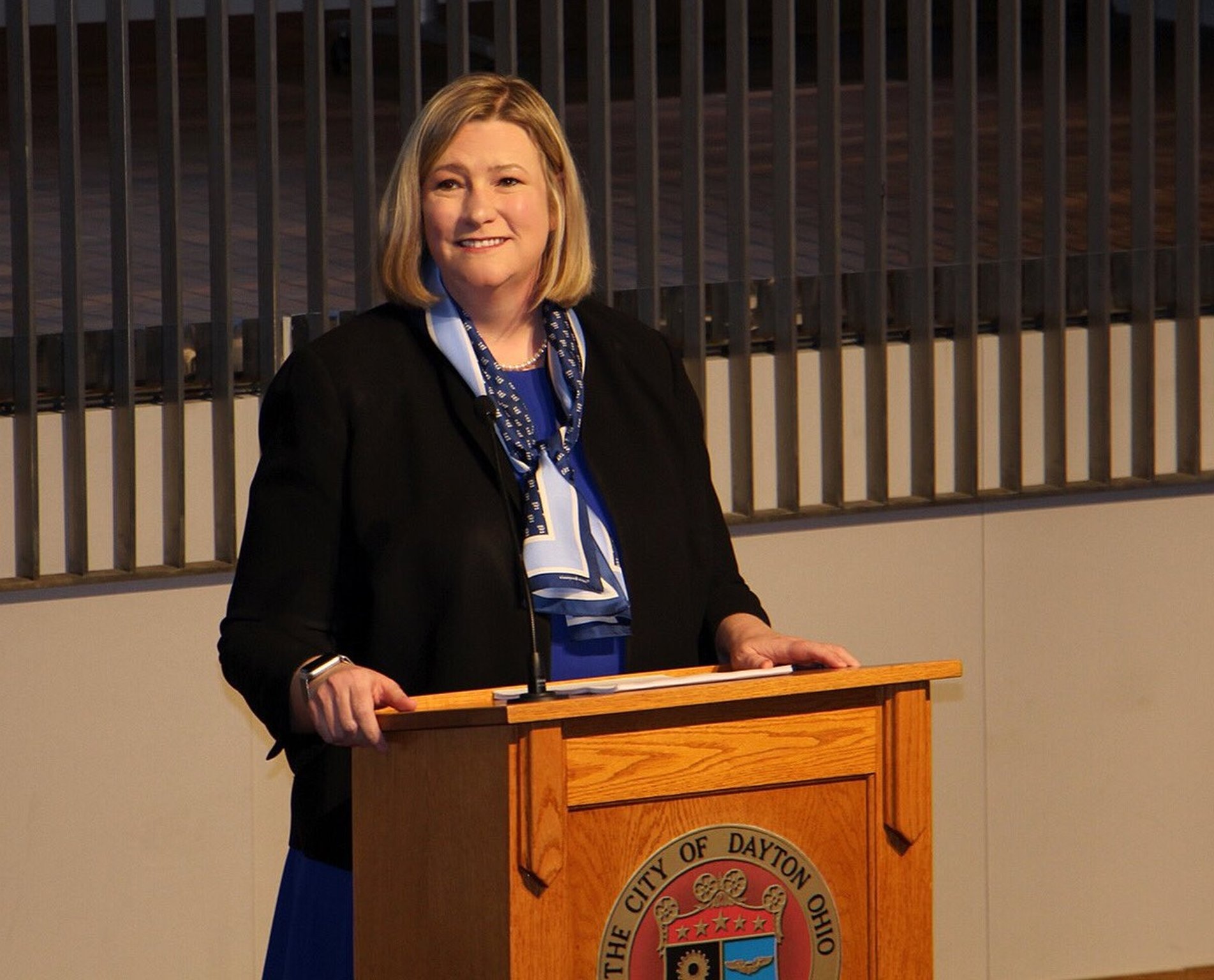“With one crisis after another, 2019 was certainly the most challenging year I have faced as your Mayor,” Dayton Mayor Nan Whaley said Wednesday during her State of the City address at the main branch of the Dayton Metro Library. Photo by Stewart Halfacre
