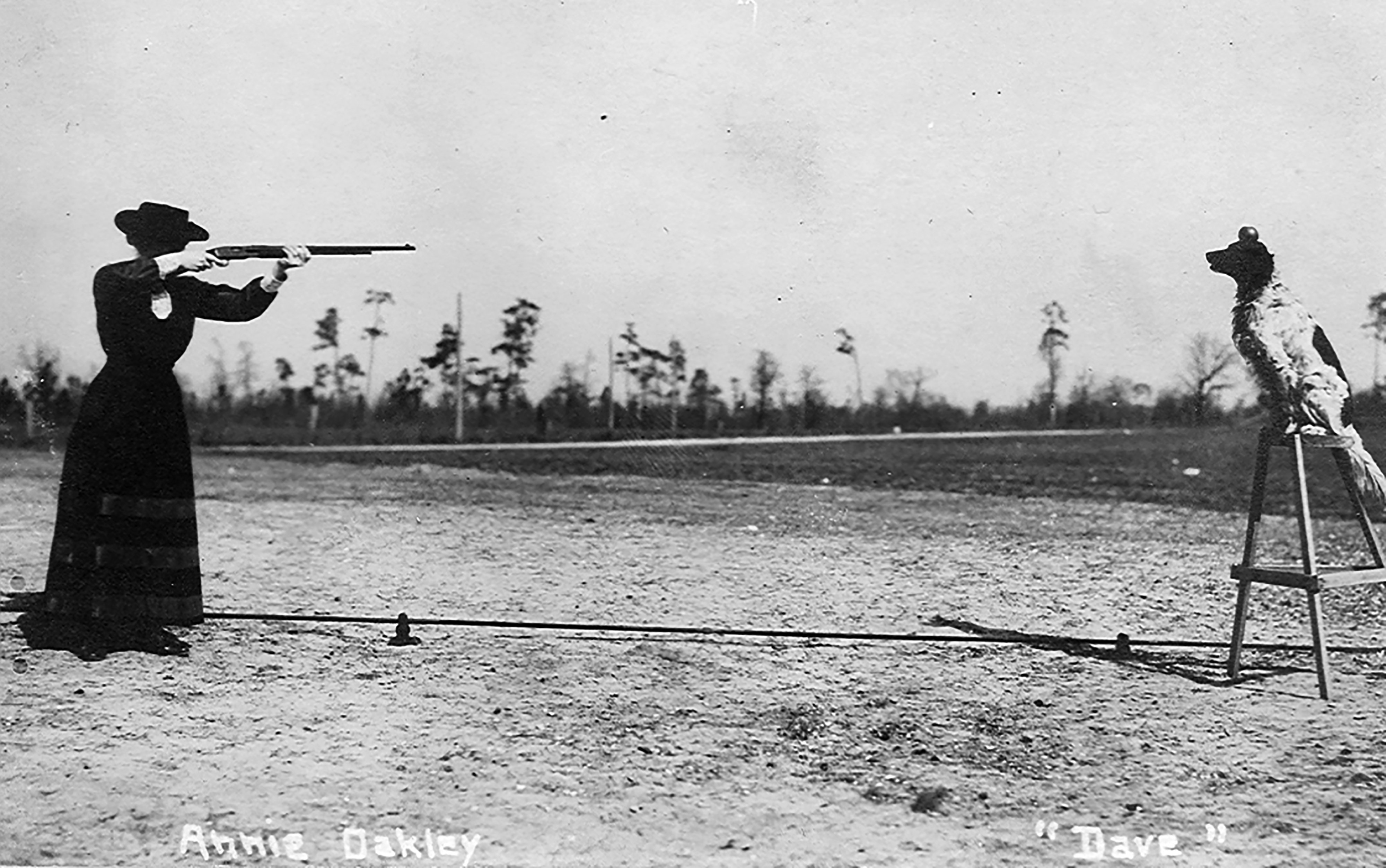 Darke County sharp shooter Annie Oakley and her English setter Dave. The dog became so accustomed to the sound of gunfire while hunting with Oakley and her husband Frank Butler the he became part of their traveling show. PHOTO: THE NATIONAL ANNIE OAKLEY CENTER AT TEH GARST MUSEUM
