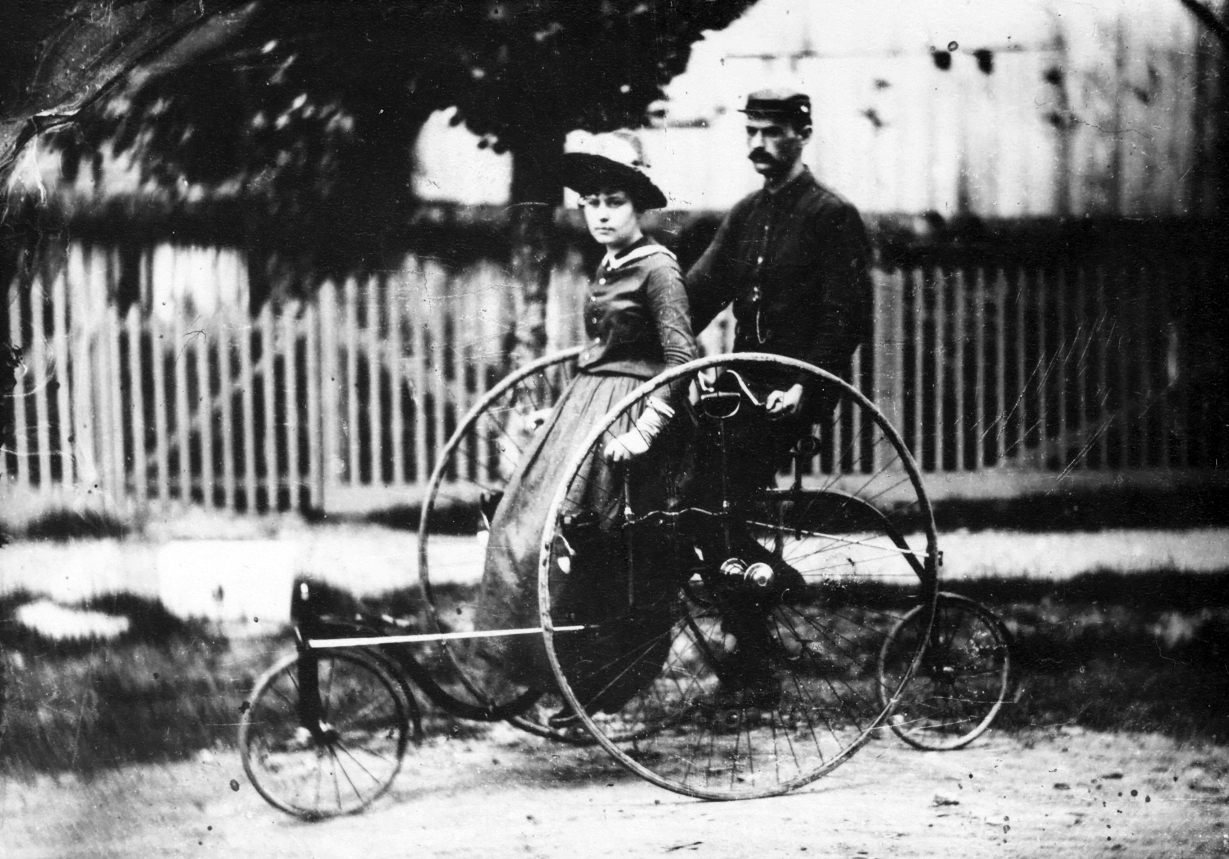 Lydia Mary Petticrew and Webster Witmeyer of Springfield take an 1886 Quadracycle for a ride in this 1887 photograph . The Quadracycle, a tandem bicycle, allowed a lady to sit in style as a passenger. As the bicycle craze grew, ladies fashions adapted, replacing voluminous dresses with "scandalous seeming" bloomers. CLARK COUNTY HISTORICAL SOCIETY