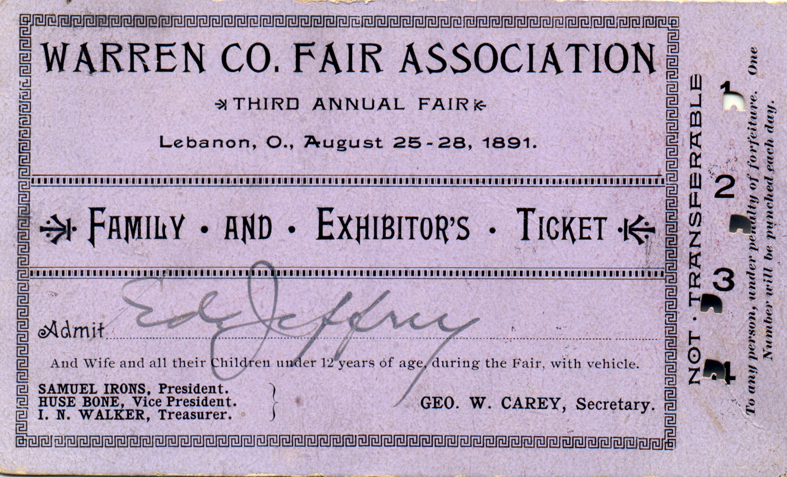 The family and exhibitor's ticket to the Warren County Fair issued to the family of Edward C. Jeffrey in 1891. His son, Robert Jeffrey, was a longtime board member and fair president. DAYTON DAILY NEWS ARCHIVE