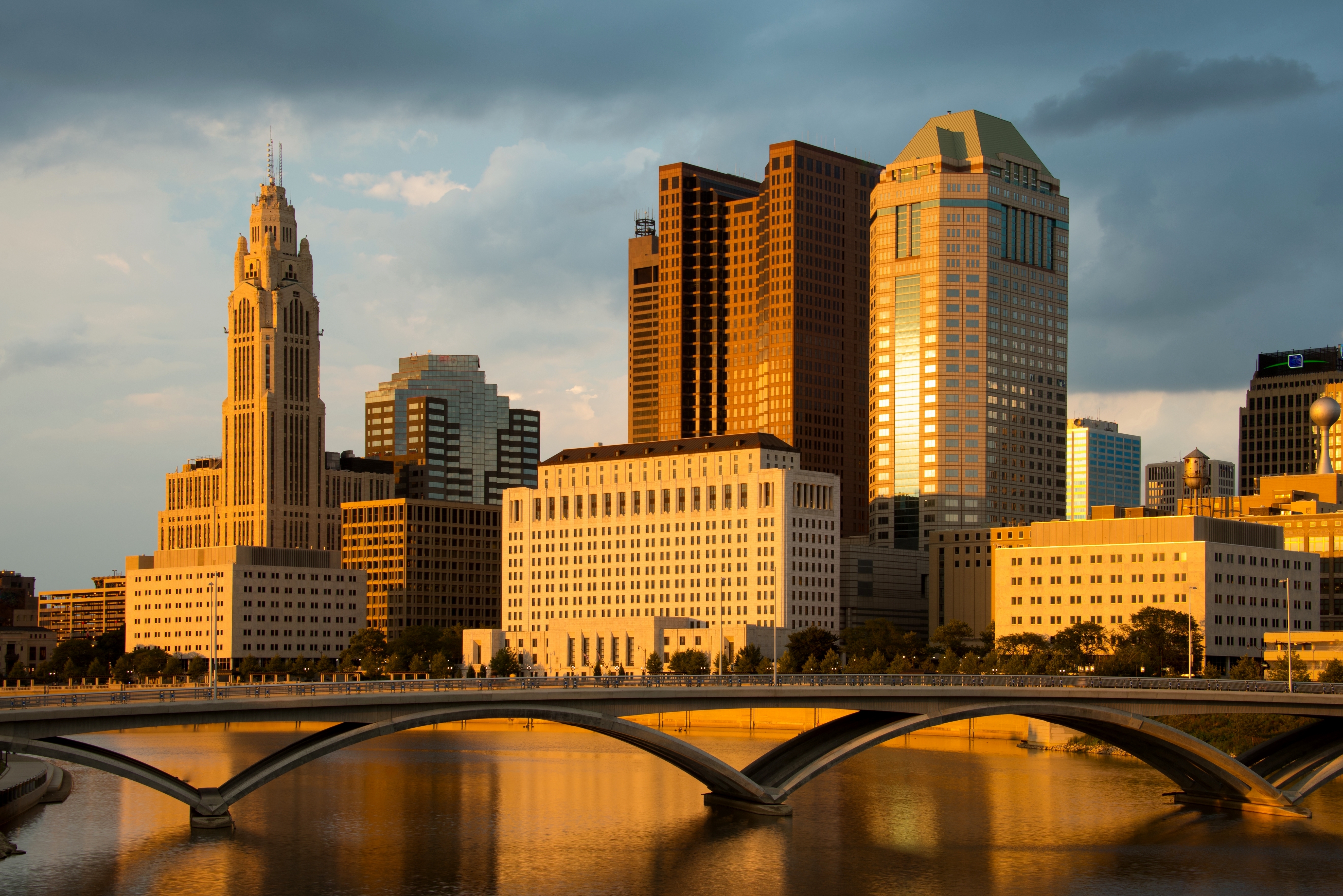 Columbus Ohio Skyline at Sunset with Rich Street Bridge.