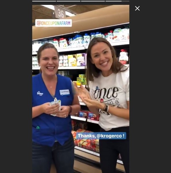 Actress Jennifer Garner posted an Instagram story Aug. 30, 2018 of her attempts to give Once Upon a Farm baby food way at a Kroger Marketplace in the Cincinnati area.
