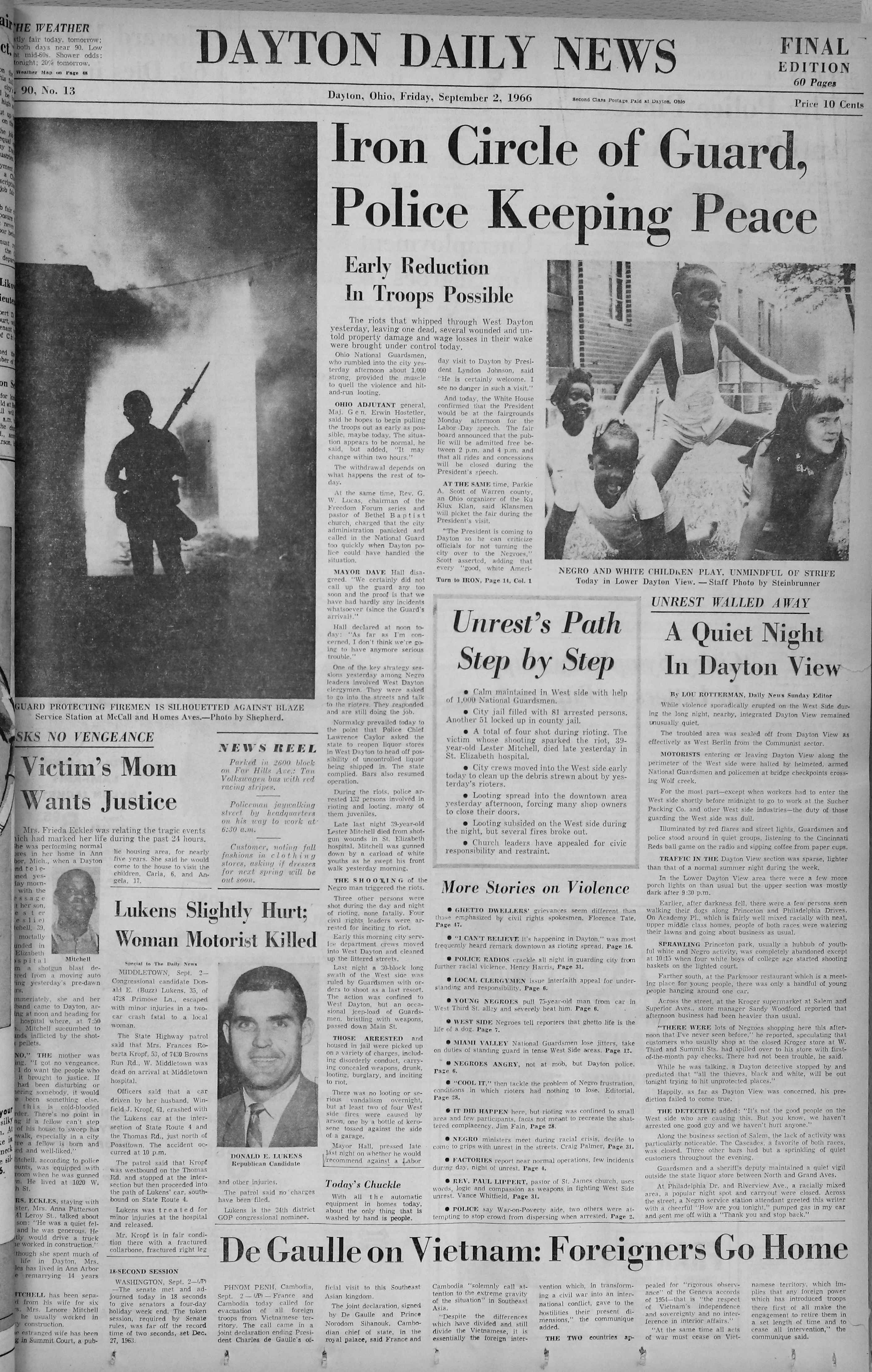 September 2, 1966: The front page of the Dayton Daily News covering the riots in West Dayton of 1966. VIEW THE FULL-SIZE PAGE: https://www.daytondailynews.com/rw/Pub/p9/DaytonDailyNews/2018/08/14/Images/1966_09_02.jpg