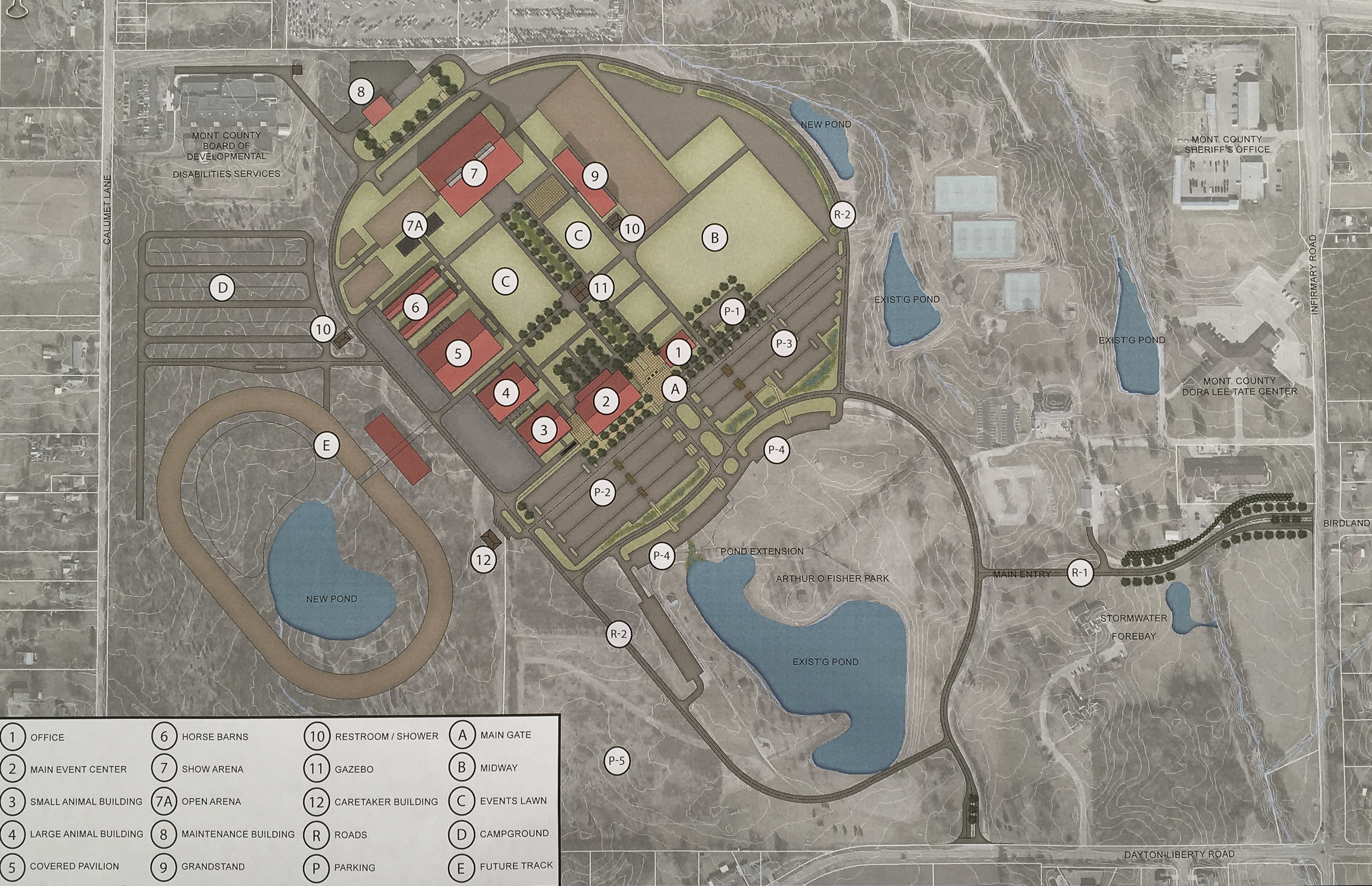 Plans unveiled Monday for the new Montgomery County Fairgrounds site in Jefferson Twp. call for three air-conditioned and heated buildings to keep and attract year-round events. Seven buildings and an office are planned during the first phase of development to begin next month. SUBMITTED BY MONTGOMERY COUNTY AGRICULTURAL SOCIETY