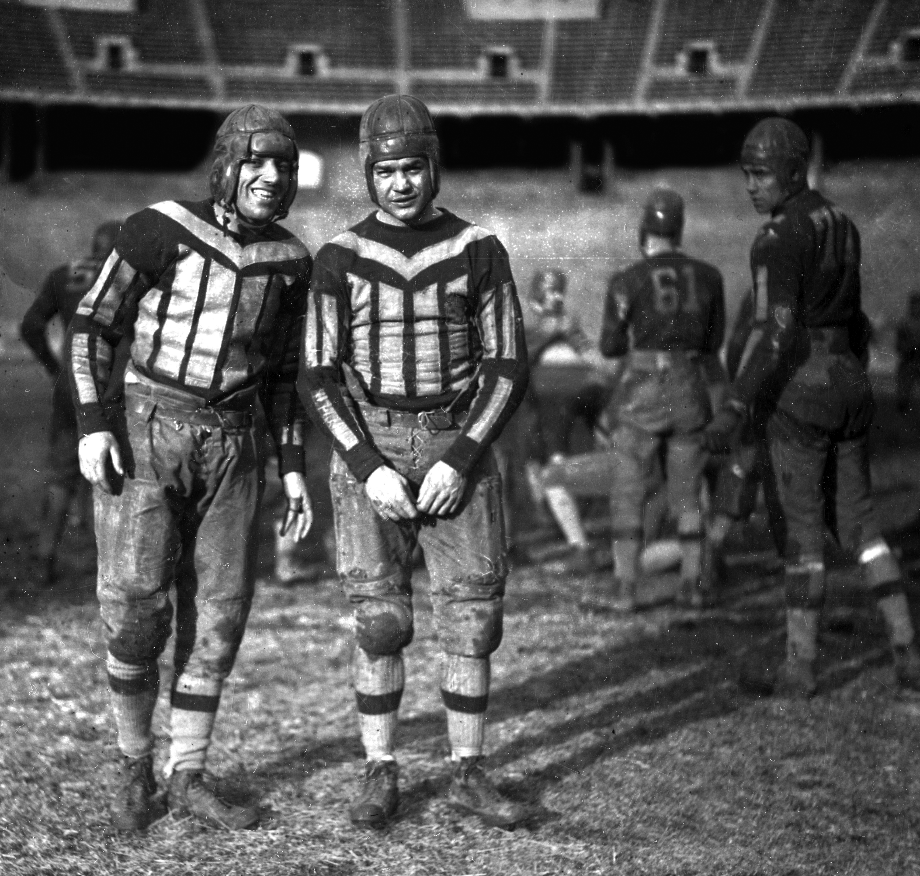 Ohio State University football players Gaylor "Pete" Stinchcomb (left) and Chic Harley (right) pose for a photograph taken between 1916 and 1919. PHOTO COURTESY OF THE OHIO HISTORY CONNECTION