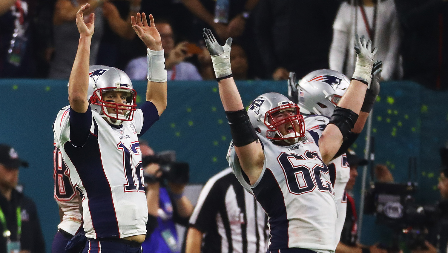 New England Patriots players celebrate after winning Super Bowl LI between  the New England Patriots and the Atlanta Falcons held at the NRG Stadium on  February 5, 2017 in Houston, TX. (Photo