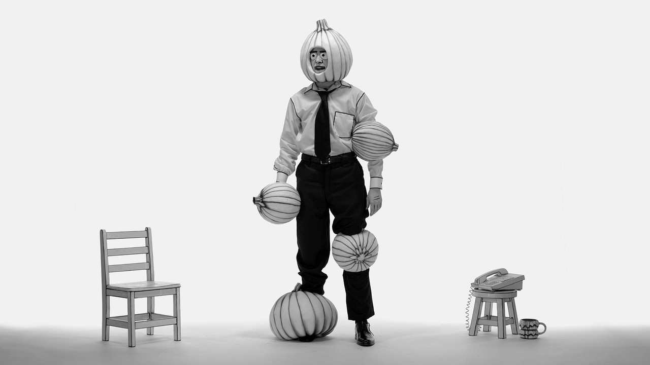 Mary Reid Kelley sports a pumpkin head and is eventually covered by pumpkins while reciting rhymes in “I’m Jackson Pollock,’’ a film created with her partner Patrick Kelley. CONTRIBUTED