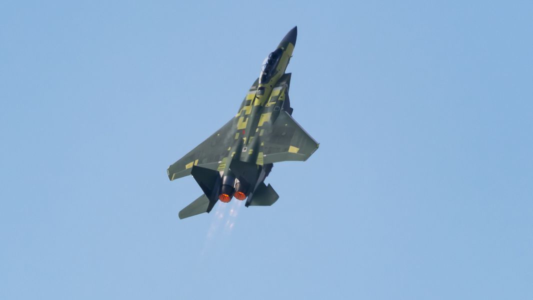 The F-15EX fighter jet demonstrates a vertical “Viking” departure during its first flight on Feb. 2, 2021. (Boeing photo by Eric Shindelbower)