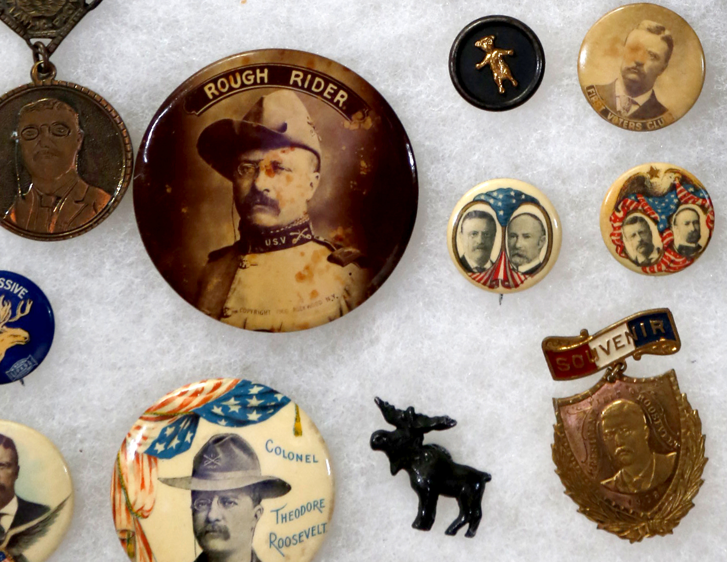 Campaign buttons featuring Teddy Roosevelt from various campaigns are part of a collection of presidential memorabilia owned by Steve Davis of Dayton. LISA POWELL / STAFF