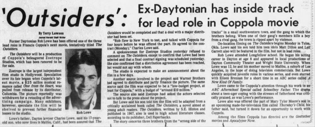 A story about Rob Lowe from The (Dayton) Journal-Herald on March 11, 1982.