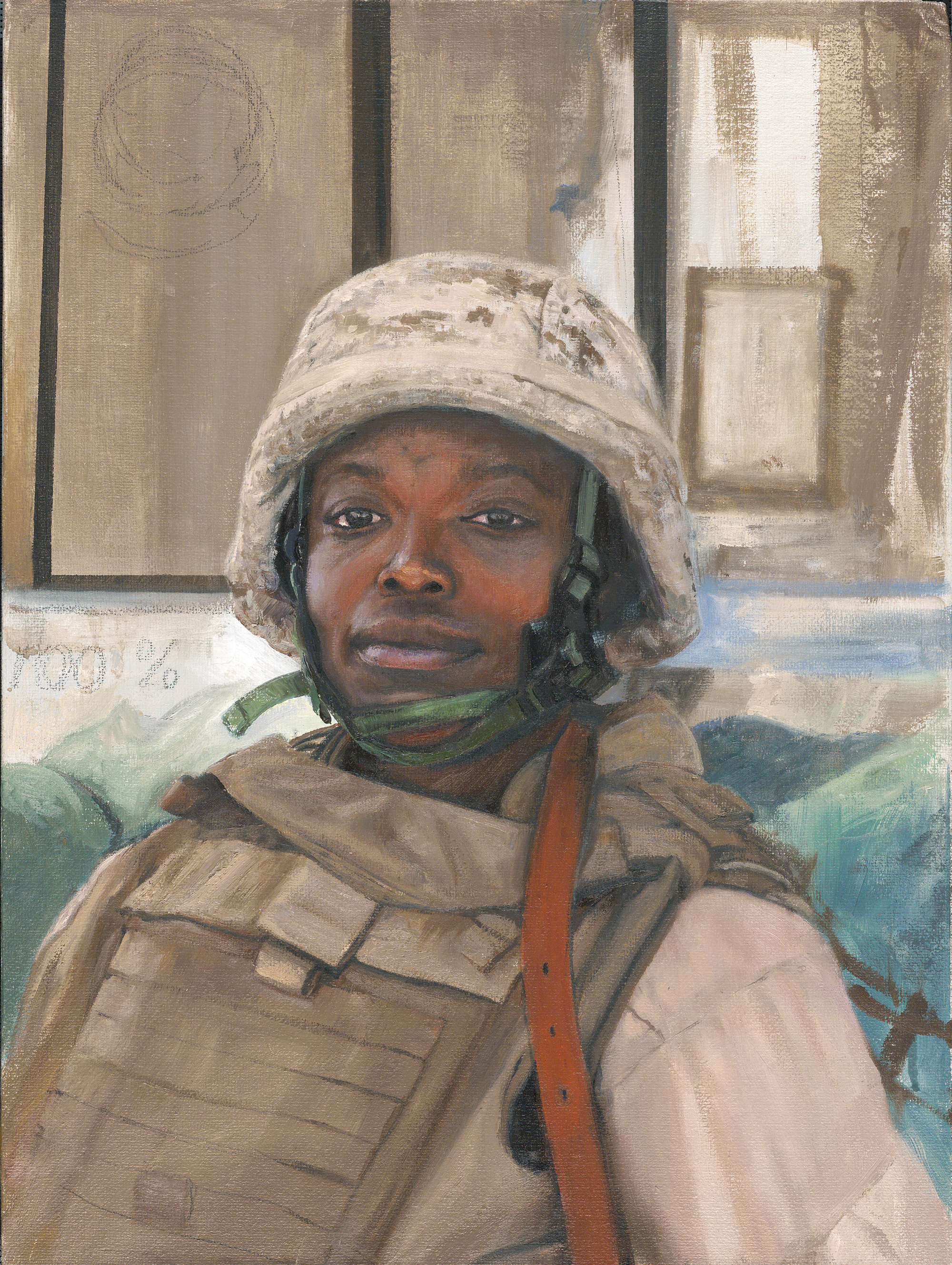 Portrait of Captain Elizabeth Okoreeh-Baah of VMM-263 by Staff Sergeant Kristopher J. Battles, USMCR.  Oil on linen.  Captain Okoreeh-Baah was stationed in Iraq with Marine Medium Tiltrotor Squadron 263 in 2007. She flew CH-46E Sea Knights before moving to MV-22B Osprey, the first female Marine to do so.  CONTRIBUTED