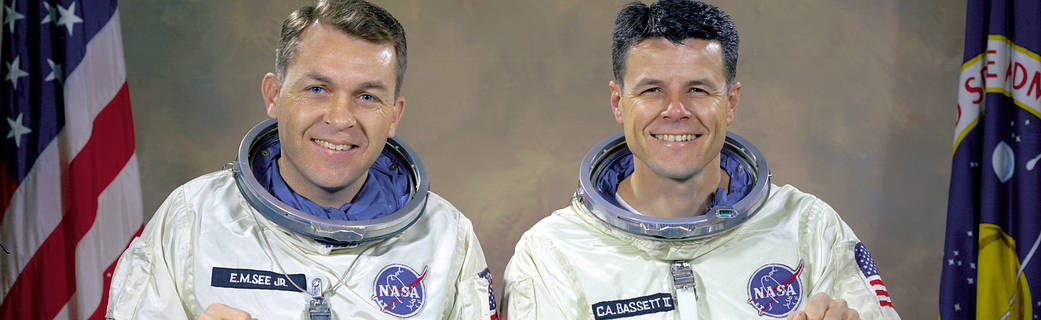 Dayton native Charles Bassett II (right) is a central figure on the Dayton space mural in downtown Dayton. He died during a NASA accident in 1966. Bassett is pictured with Elliot See who also died in the jet crash.