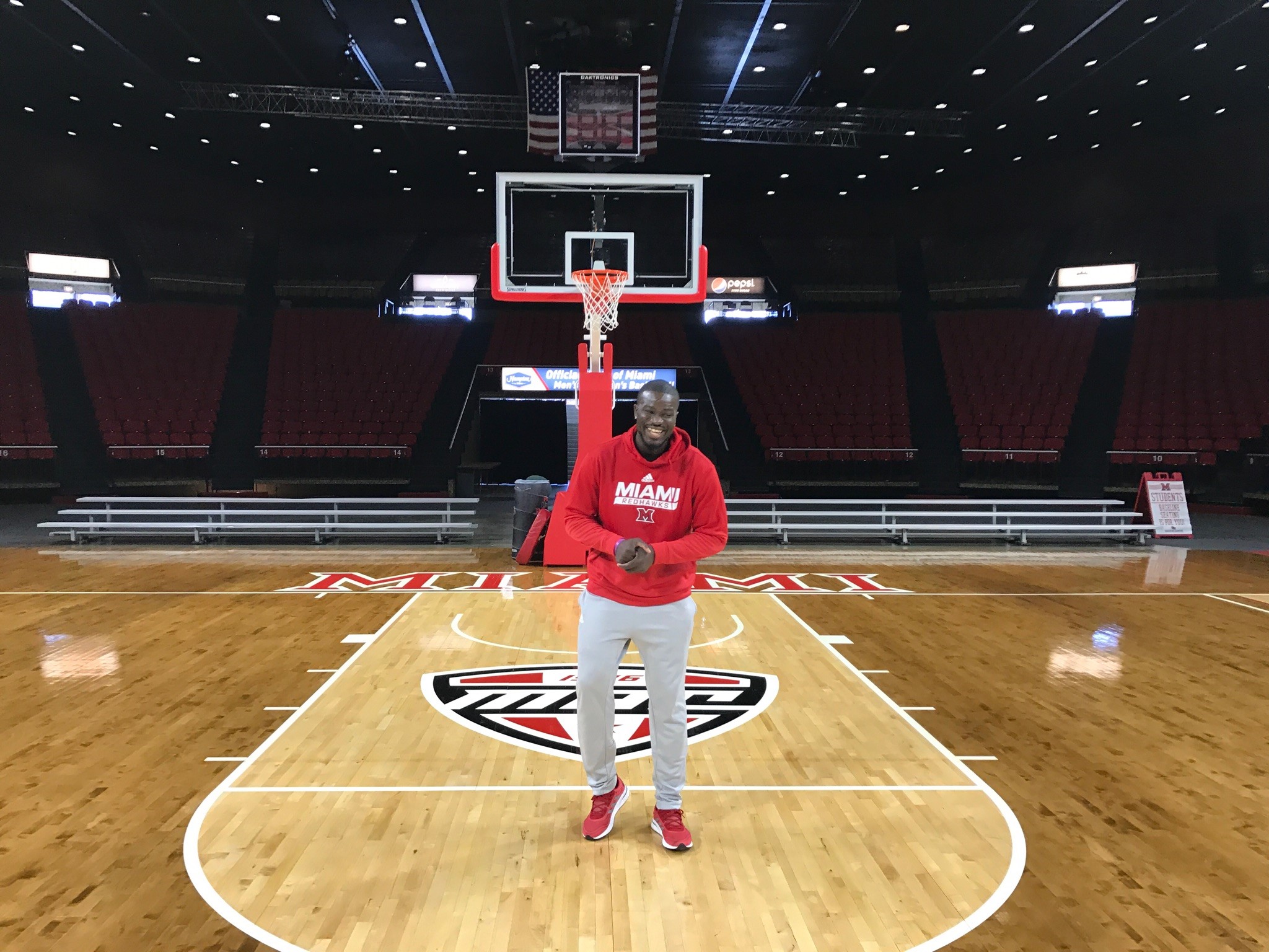 Precious Ayah who is in his sixth season at Miami University has, in the words of RedHawks head coach Jack Owens, ‘taken full advantage of his college experience.” After missing his first year with an ACL injury, the 6-foot-6 small forward from Nigeria has now played in 97 games for the RedHawks and his become a team leader both off the court and on, where he he’s fourth in scoring this season, second in rebounds, and leads the team in field goal percentage and steals. He has already gotten his undergrad degree and one masters degree and is now working on his second masters. J’s also in Omega Psi Phi fraternity. (Photo by Tom Archdeacon)
