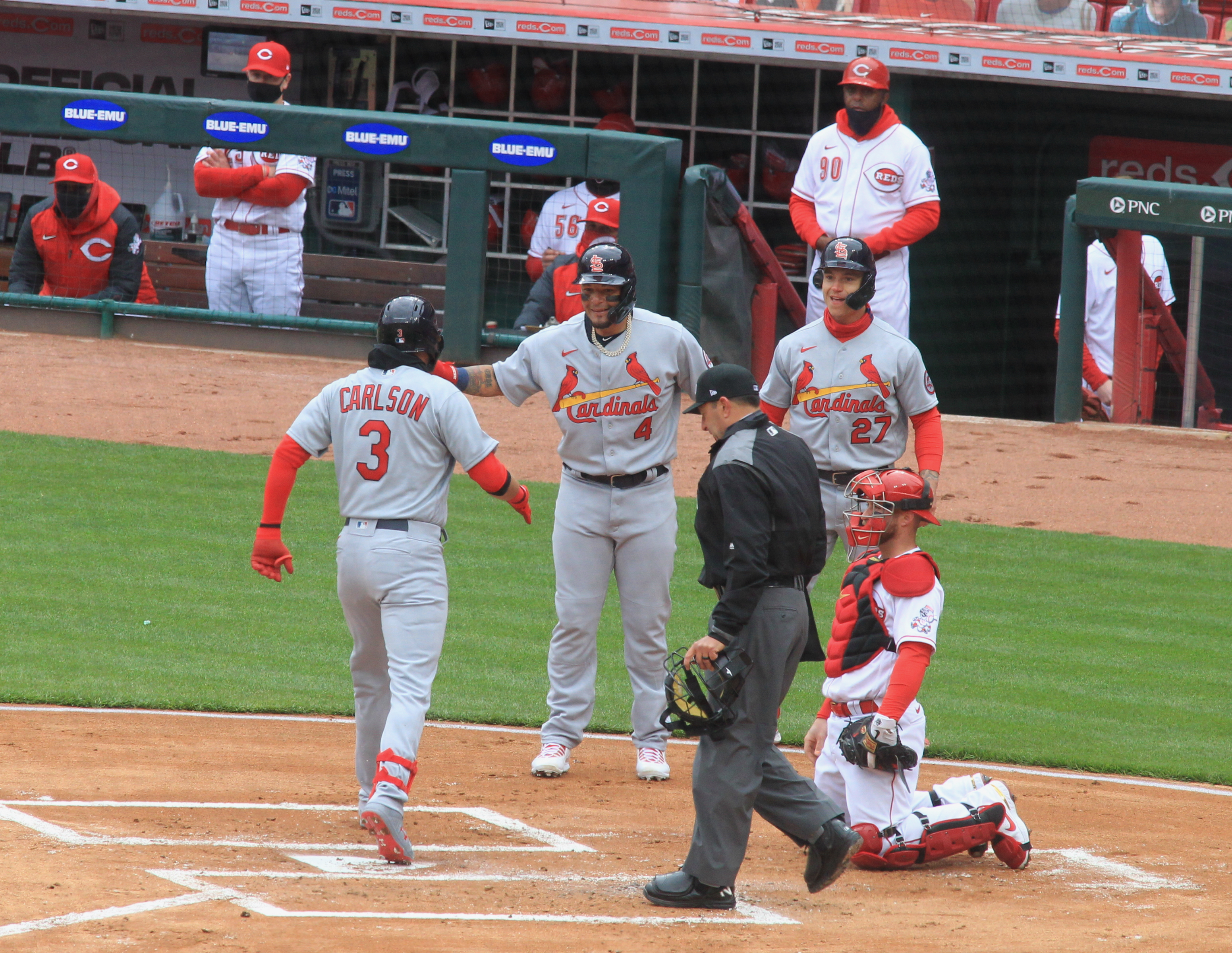 The St. Louis Cardinals line up during the national anthem wearing