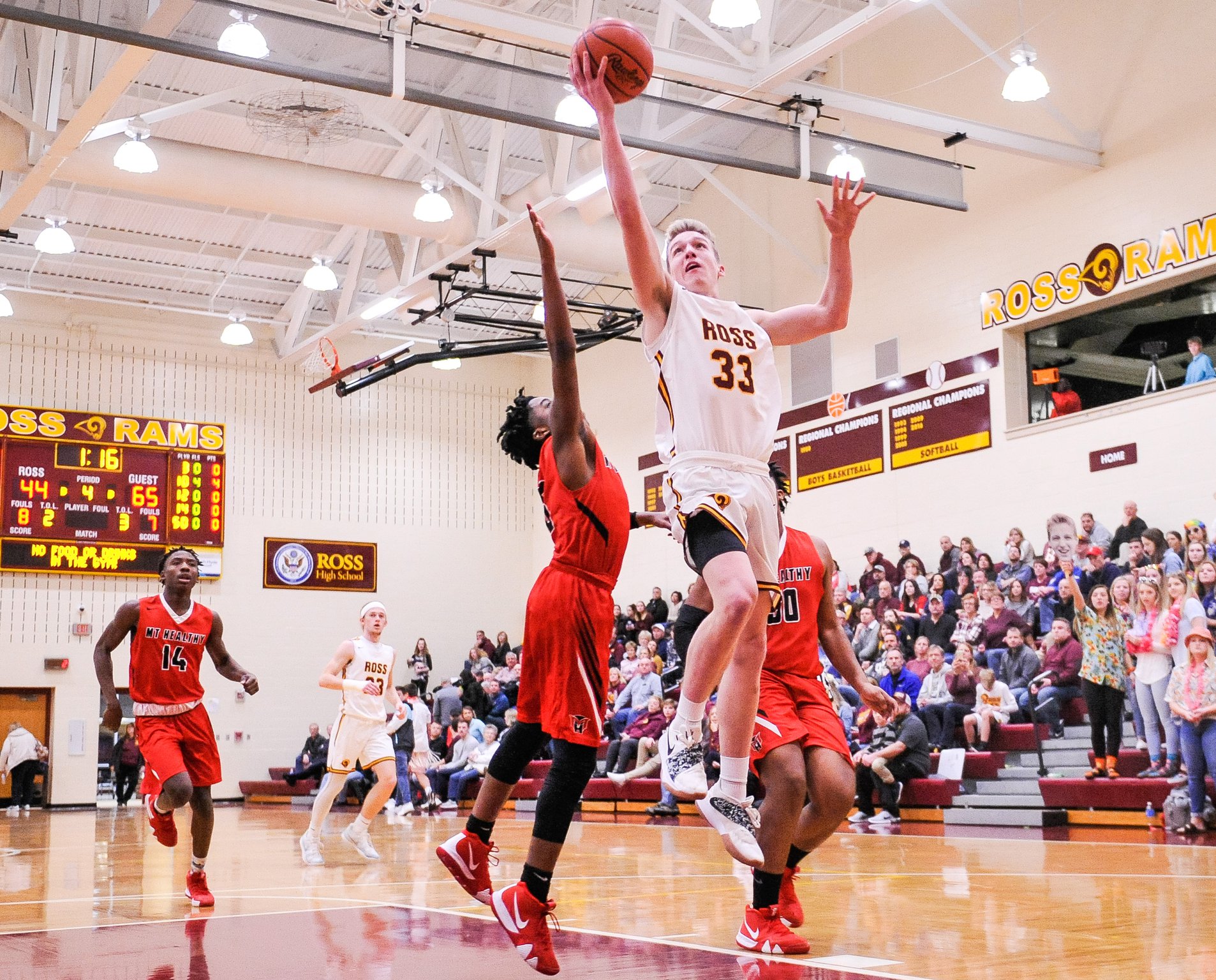 Kerner Angel from Ross puts up a shot during Tuesday night’s 65-46 loss to visiting Mount Healthy. NICK GRAHAM/STAFF
