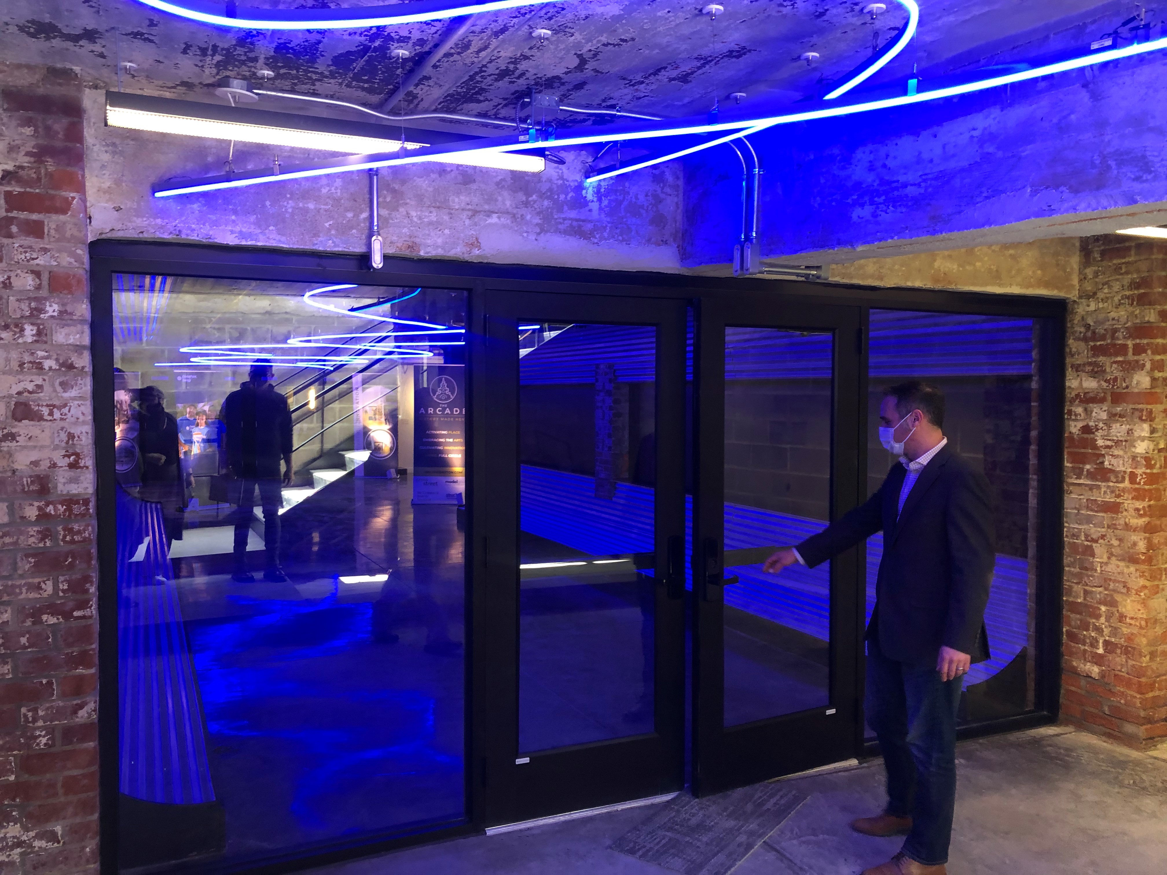 The entrance doors to the lower level of the Dayton Arcade in The Tank - Inspired by CenterPoint Energy.  CORNELIUS FROLIK / STAFF