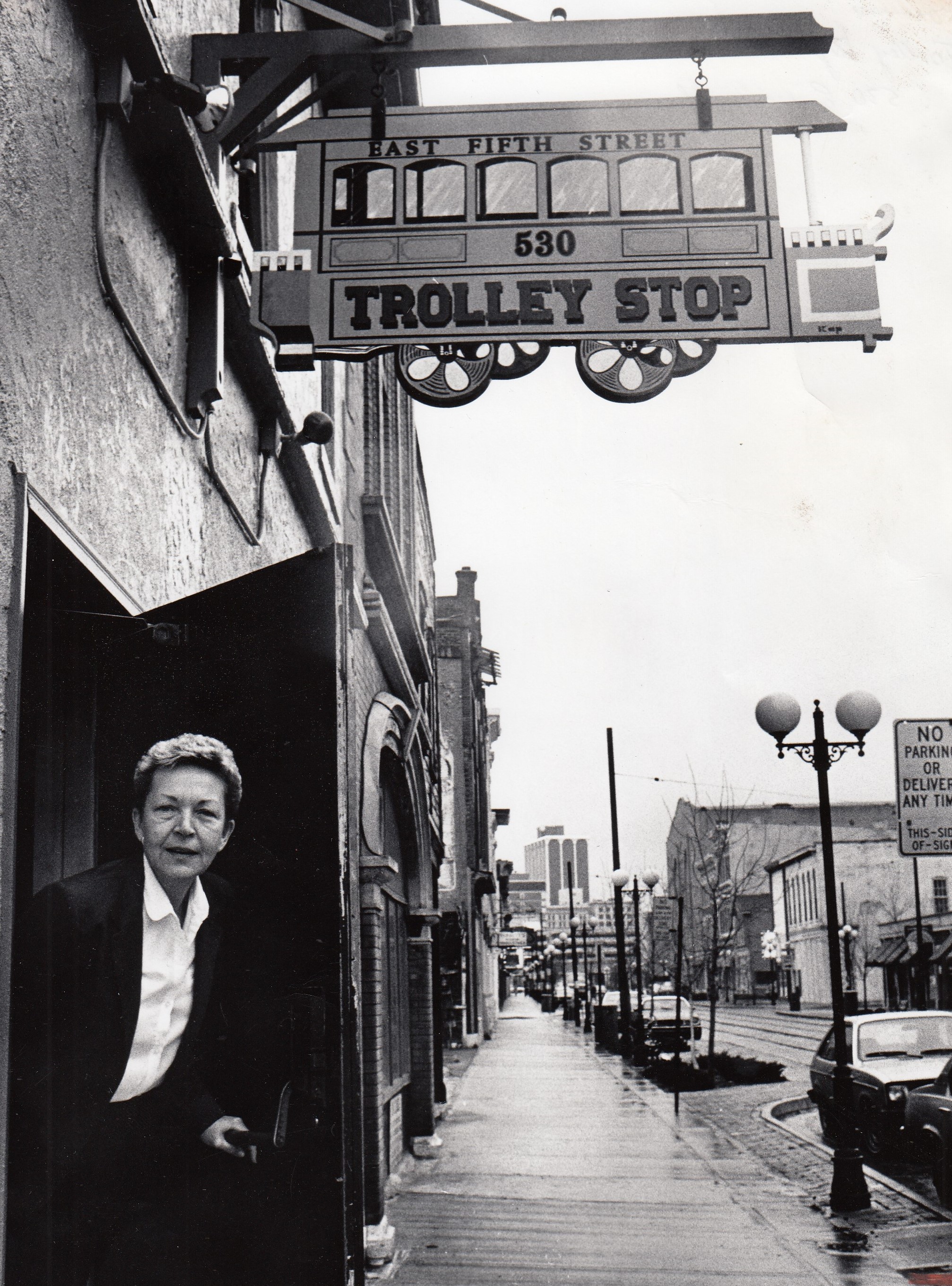 Trolley Stop founder Elizabeth Jo Thielen died Monday, Dec. 17. She looks out of the Trolley Stop's door in in a Dec. 4, 1981 photo by Charlie Steinbrunner