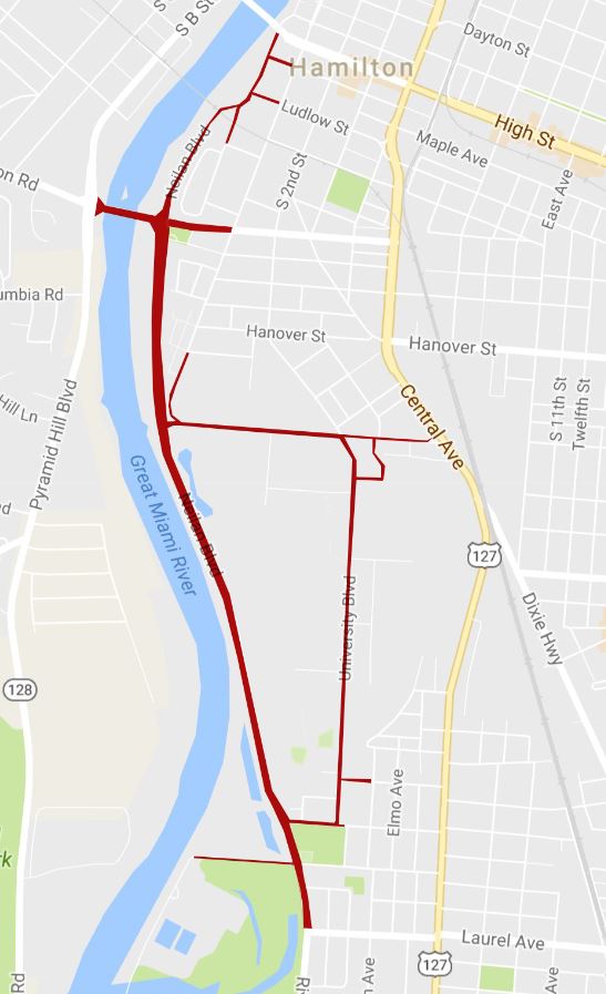 Several Hamilton roads (highlighted in red on map) will be closed starting at 5:30 p.m. Saturday, Sept. 2, when the city hosts the 2017 NightGlow Marathon and Half Marathon.