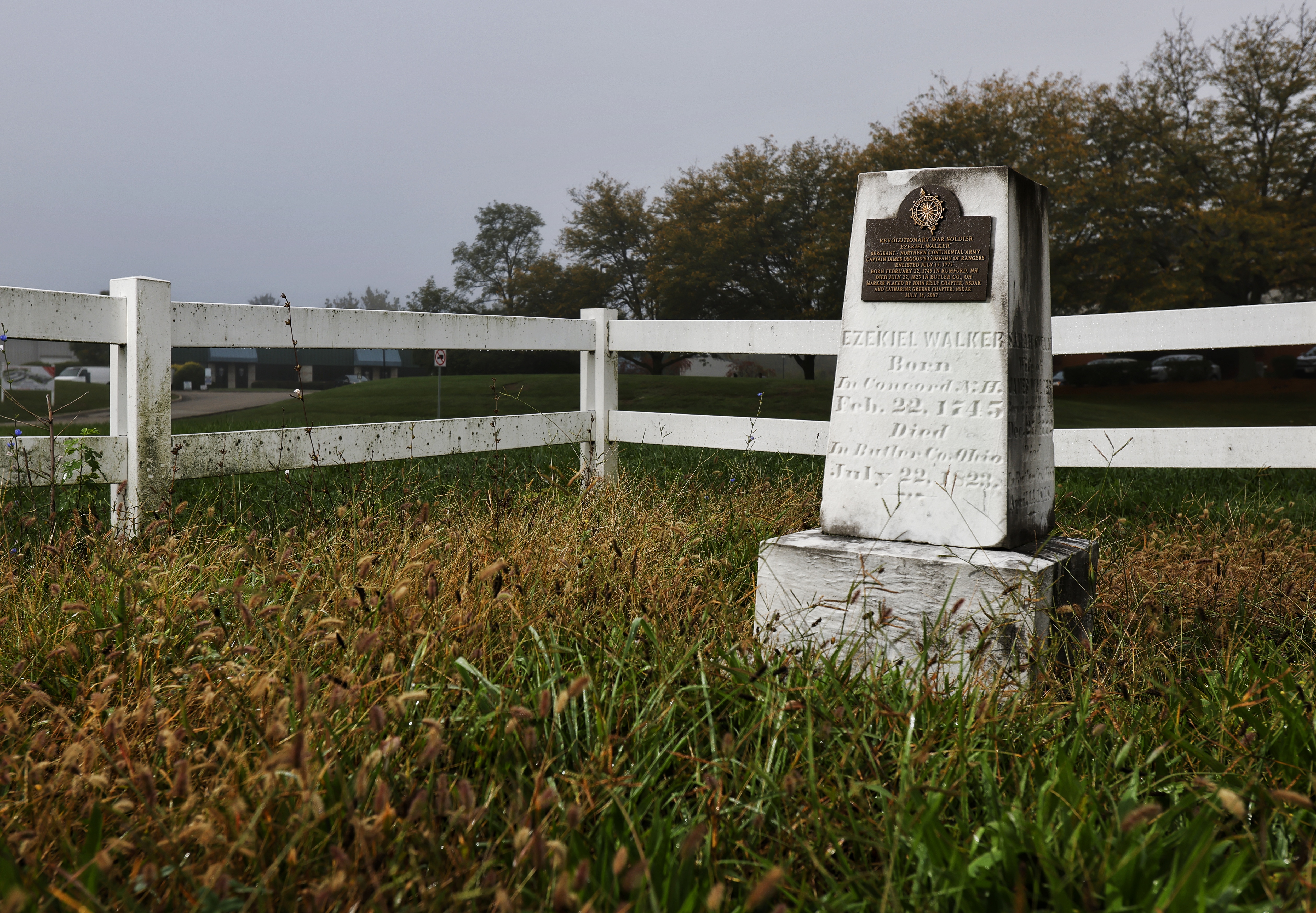 Ezekiel Walker, a Revolutionary War soldier, is buried just a few hundred feet from the Ohio 4 and Seward Road intersection in Fairfield. NICK GRAHAM / STAFF