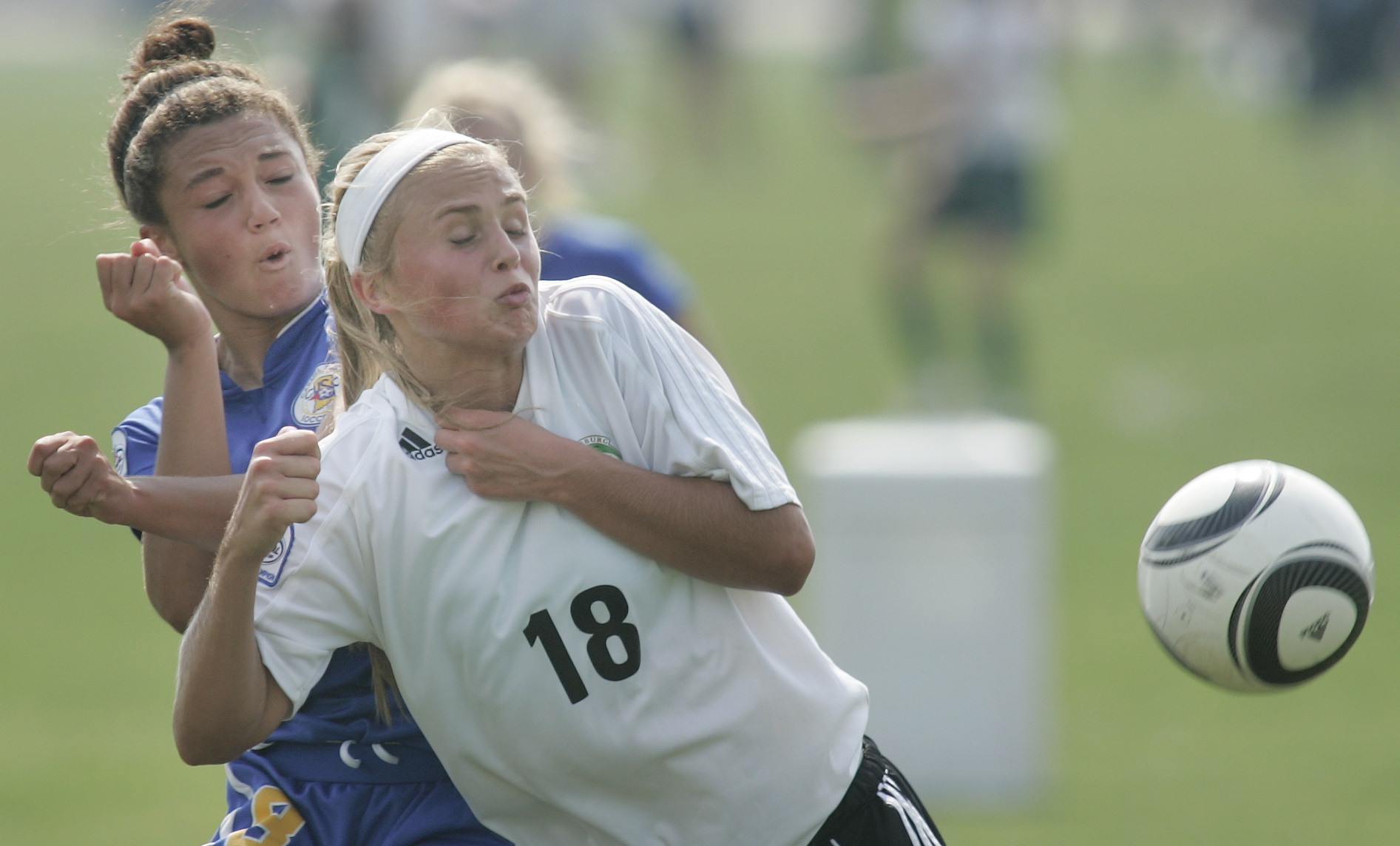 Lydia Koening, (18) from Cedarburg Wi. and
Alexis Williams (8) from Frishers In. battle to go to the nationals at the US Youth Soccer Region 2 Championships held at Ankeney Soccer Complex in Beavercreek.
Jim Noelker/Dayton Daily News