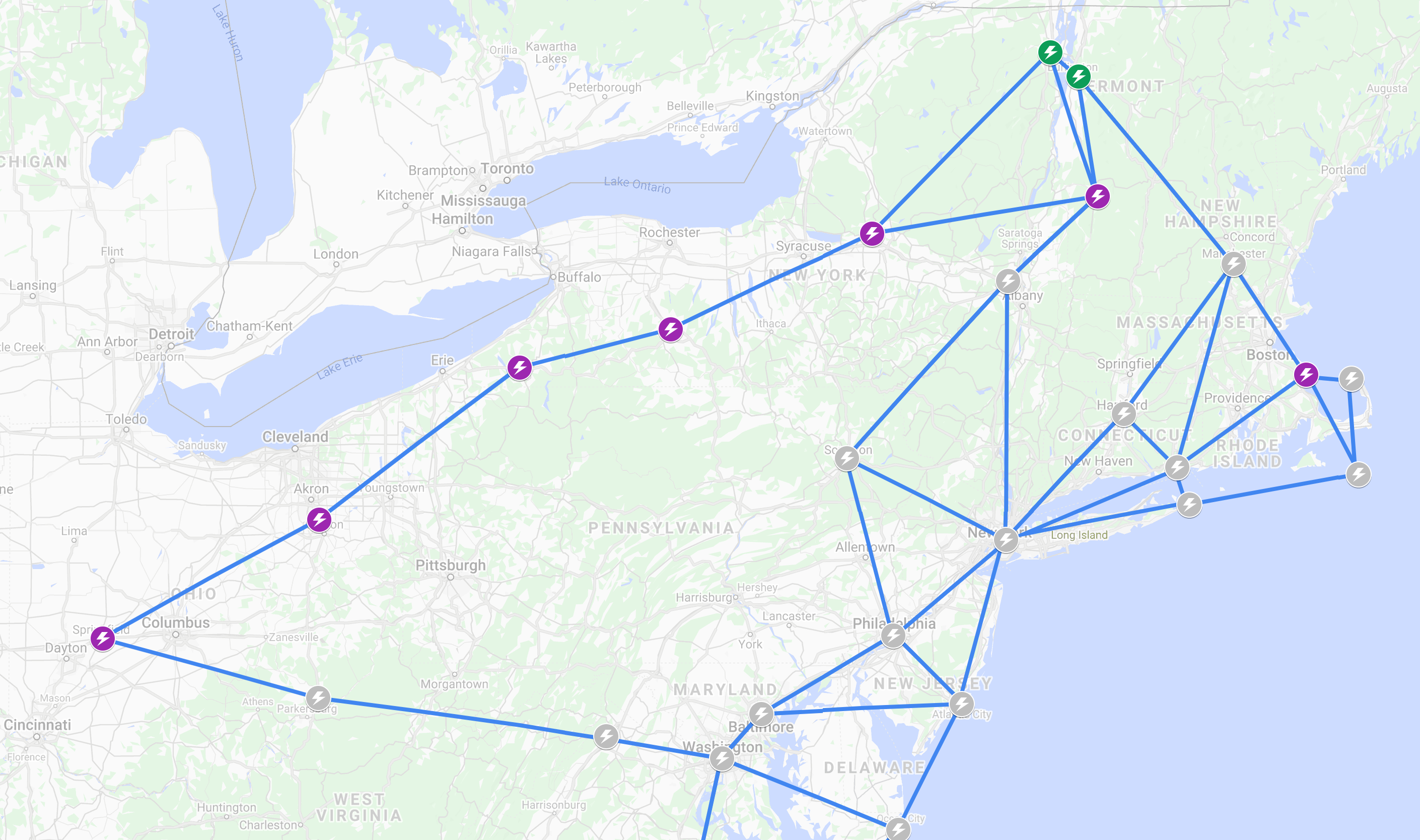A BETA Technologies map of flying car recharge stations, with Springfield at the left.