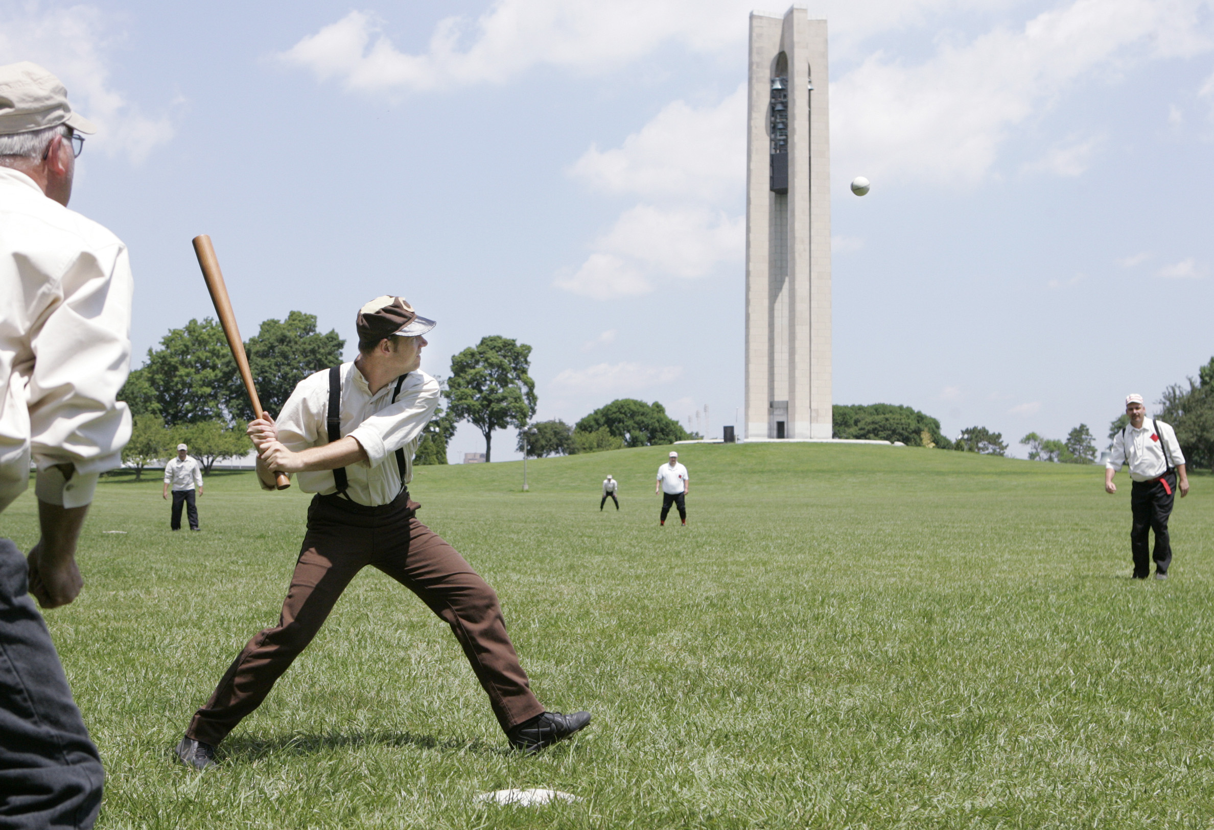 Nate “Frenchie” Buckner, playing for the Clodbusters Base Ball Club, hits a triple in the first inning as they play against the Mansfield Independents. The vintage base ball game was played at Carillon Historical Park, in Dayton.