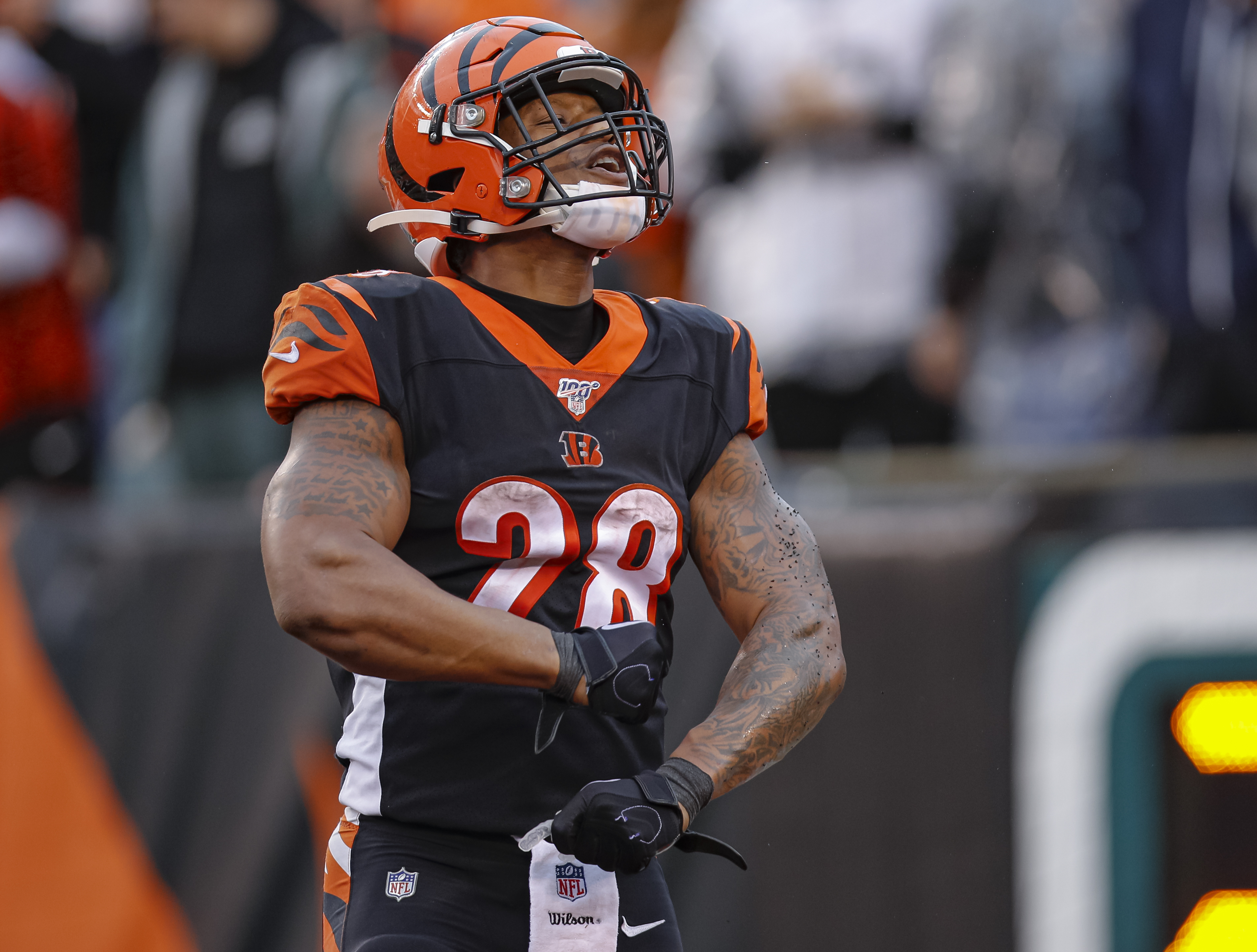 Cincinnati Bengals running back Joe Mixon (28) celebrates after his  touchdown during the second half of