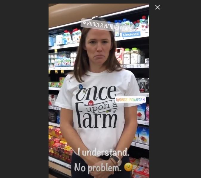 Actress Jennifer Garner posted an Instagram story Aug. 30, 2018 of her attempts to give Once Upon a Farm baby food way at a Kroger Marketplace in the Cincinnati area.