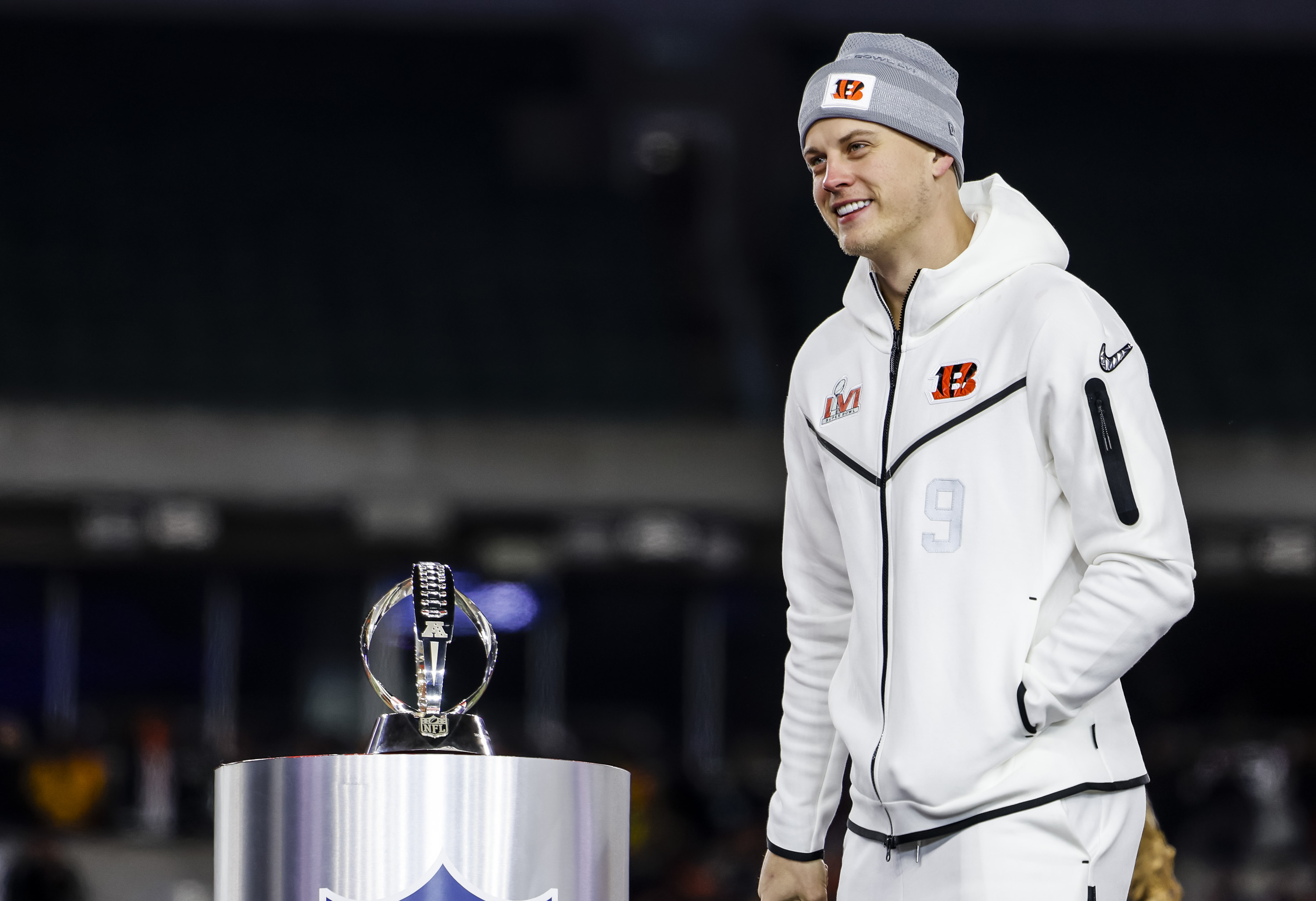 Former Cincinnati Bengals players Tim Krumrie, right, and Max Montoya speak  during the Super Bowl LVI Opening Night Fan Rally Monday, Feb. 7, 2022, in  Cincinnati. (AP Photo/Jeff Dean Stock Photo - Alamy