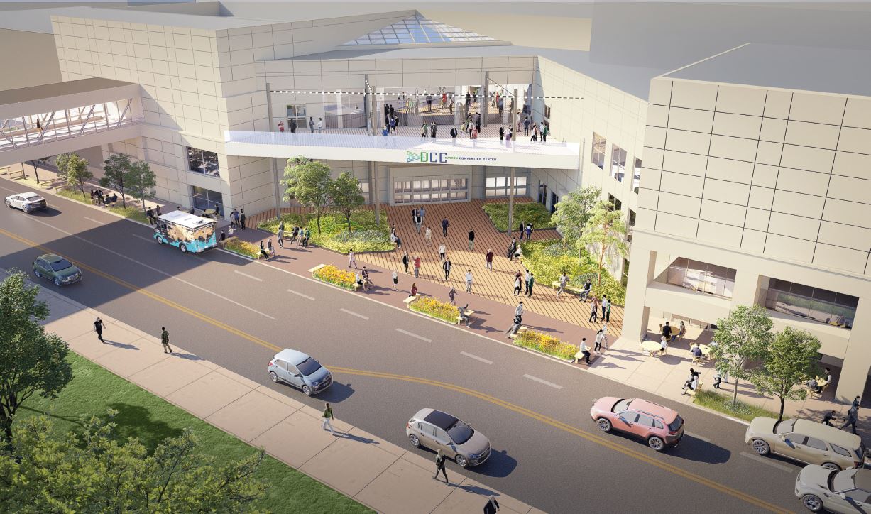 A conceptual rendering of a renovated Dayton Convention Center. The facility could have a terrace, green space and its signature metal structure out front could be removed. CONTRIBUTED