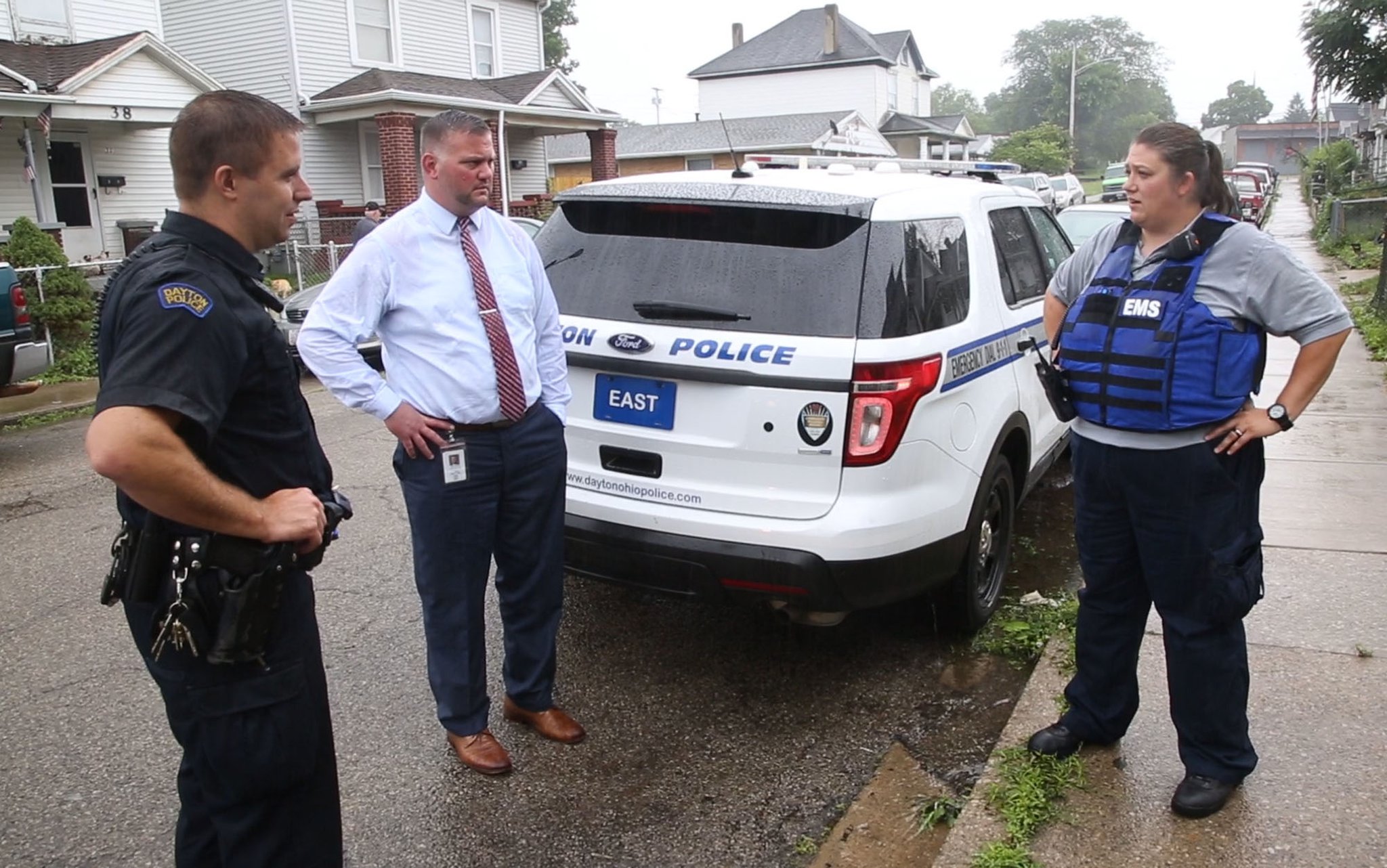 Dayton Police Addiction Liaison Officer Jason Olson, left, Dayton’s Deputy City Manager Joe Parlette, and Dayton Fire Department Addiction Resource Liaison/EMT Amy Dunkin talk about their attempts to connect with opioid addicts to assist them with finding treatment. Overdose response teams are being funded across Ohio by Cures Act money. TY GREENLEES / STAFF