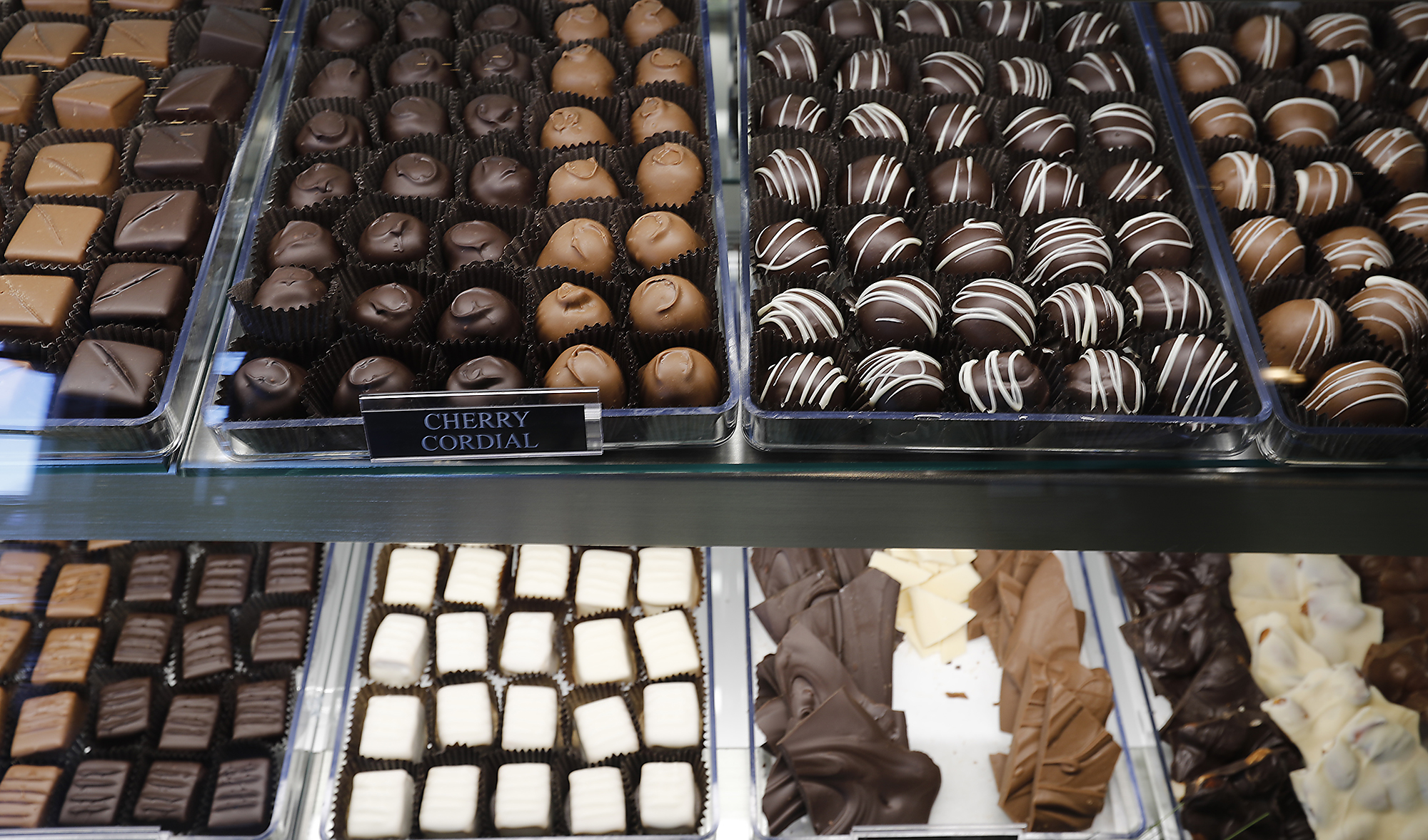 Some of the variety of chocolates at Winans Chocolates and Coffees in downtown Springfield. Bill Lackey/Staff