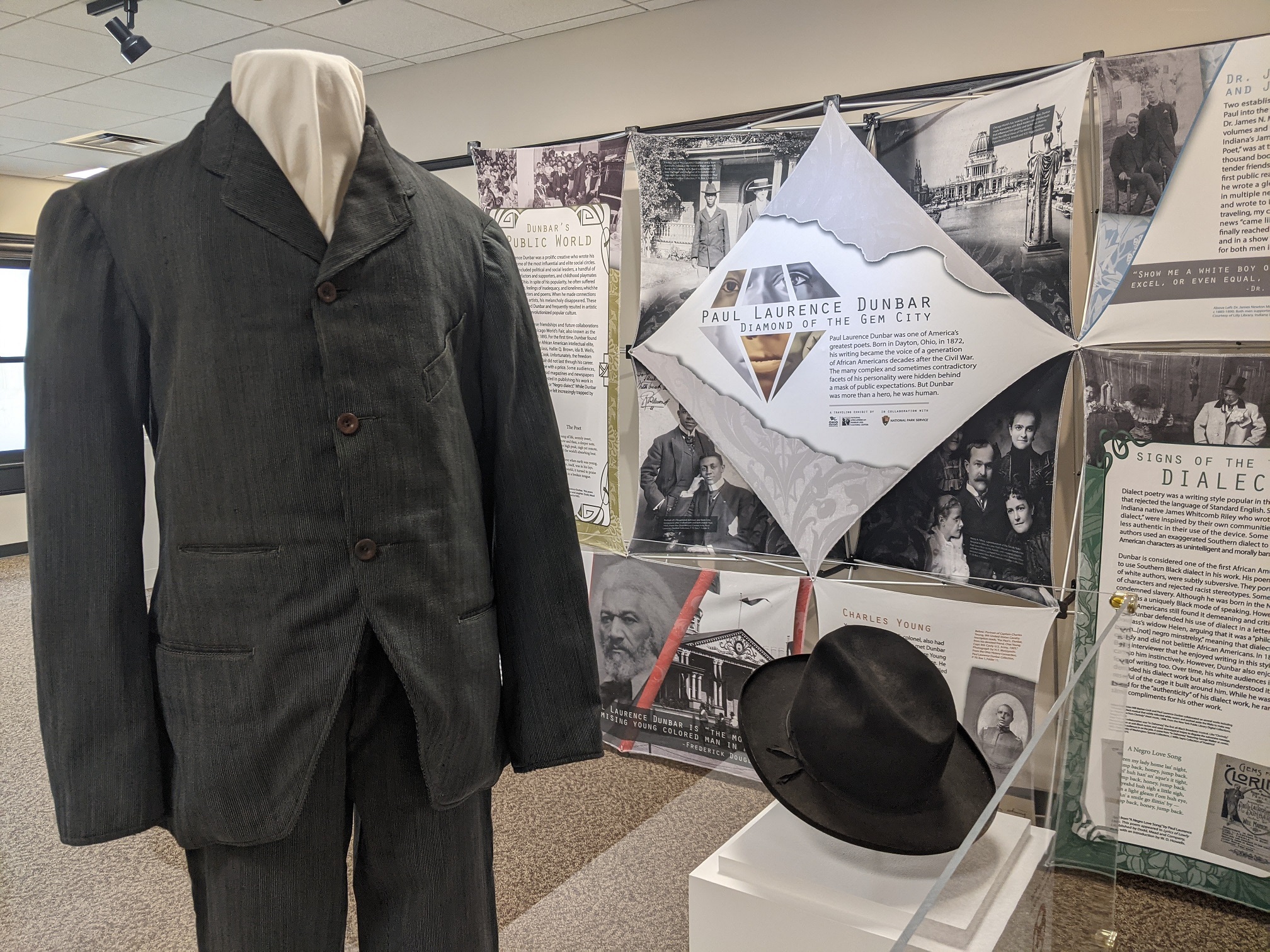 The new exhibition “Paul Laurence Dunbar: Diamond of the Gem City” opened on June 3 at the Paul Laurence Dunbar House in Dayton.  This cutout suit, pants and fedora from the Ohio History Connection collection belonged to Dunbar.  Popular in menswear of the 1890s, Dunbar was often photographed wearing suits, his head bowed and his expression subdued.  CONTRIBUTED/NATIONAL AFRICAN-AMERICAN MUSEUM AND CULTURAL CENTER