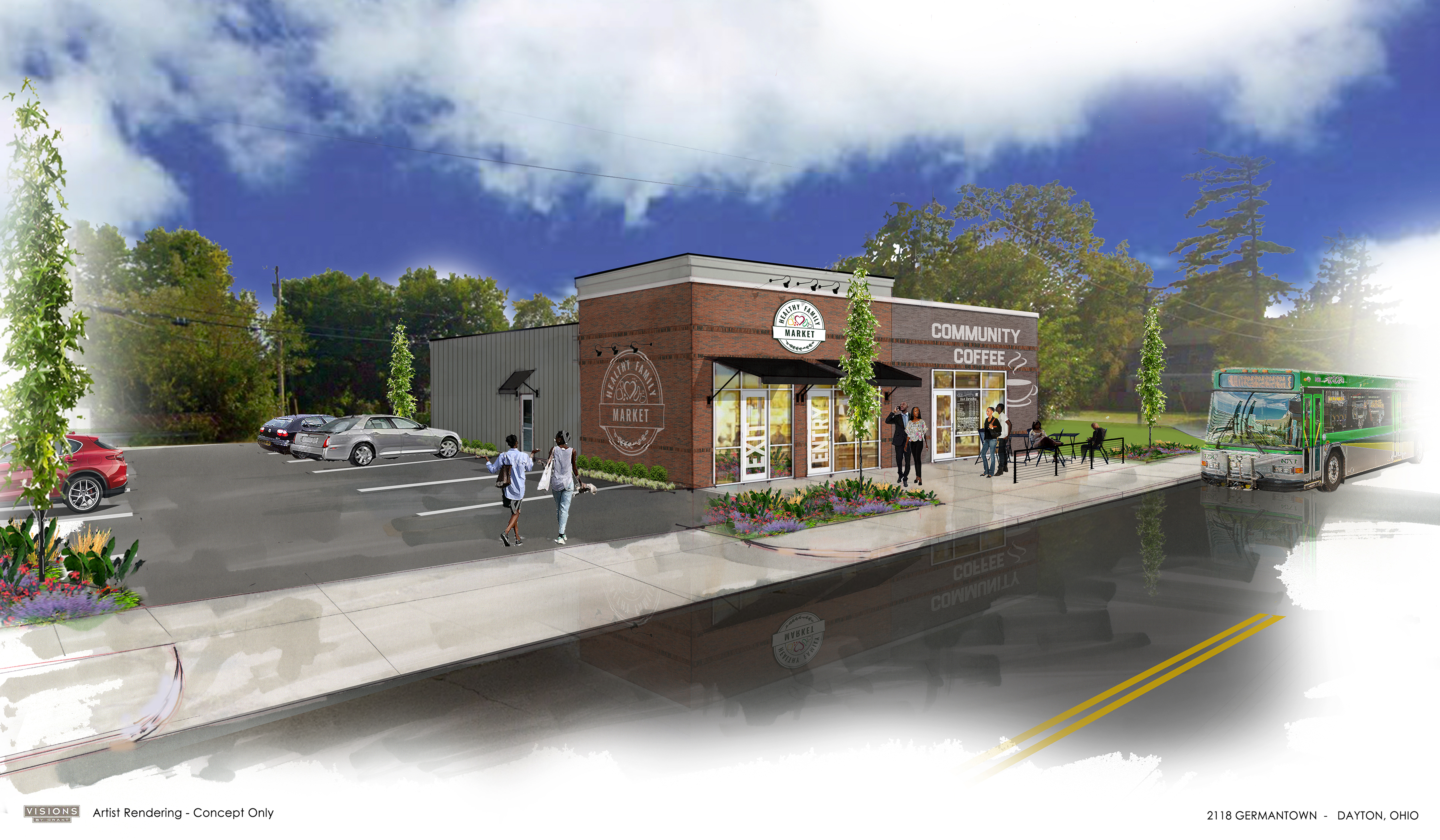 A rendering of a proposed healthy family market at 2118 Germantown St., down the road from the DeSoto Bass public housing development. CONTRIBUTED