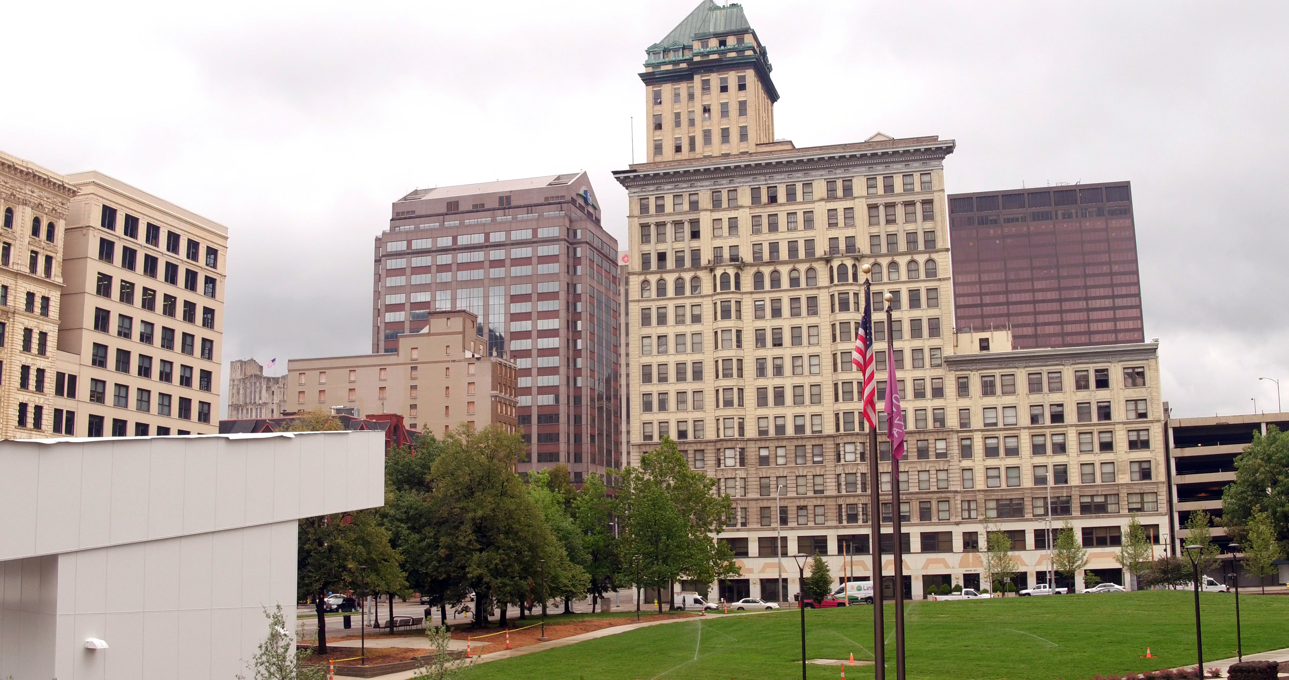A view of the Centre City building at 40 S. Main St. from the Levitt Pavilion Dayton. TY GREENLEES / STAFF
