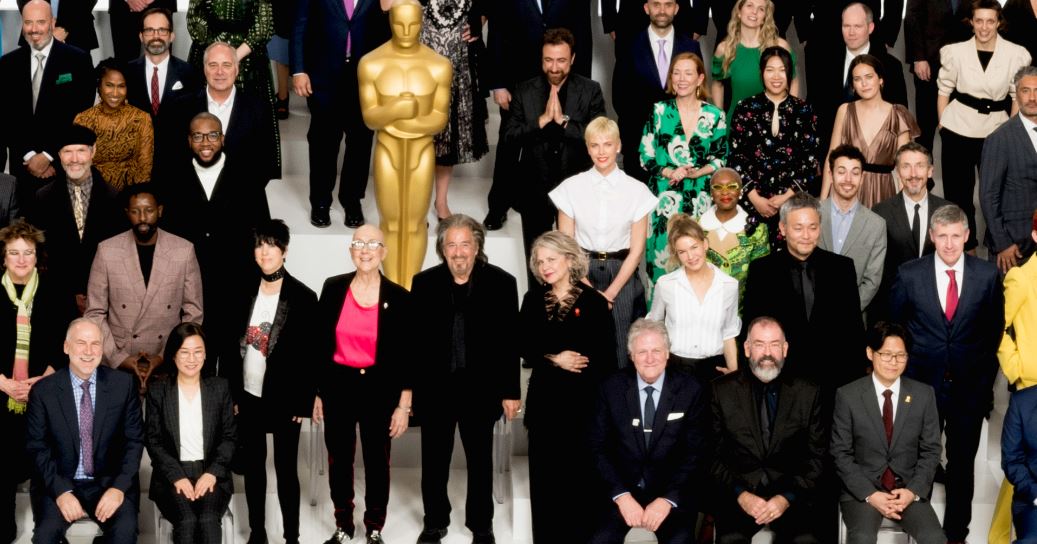 92nd Oscars nominees at the Oscar Nominee Luncheon held at the Ray Dolby Ballroom, Monday, January 27, 2020. The 92nd Oscars will air on Sunday, February 9, 2020 live on ABC. Yellow Springs resident Julia Reichert (pink shirt) stands next to Al Pacino. Actresses Charlize Theron, Renée Zellweger and Cynthia Erivo can also be seen in this cropped and zoomed in photo. Reichert co-directed Oscar nominated film “American Factory” with partner Steve Bognar.