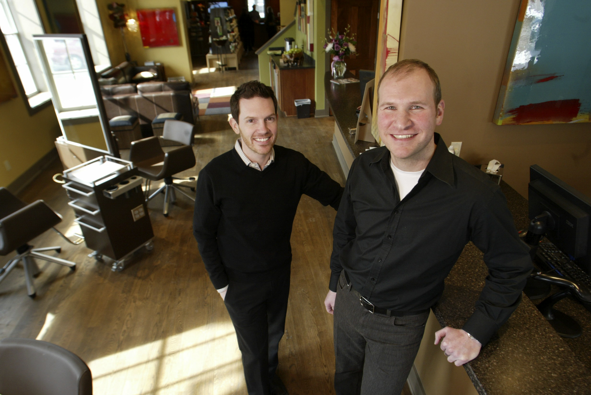Archived 2007 photo: Brent Johnson (left) and Doug Henderson (right), along with partner Josh Stucky have opened a second Square One Salon and Spa in Centerville. Staff photo by Lisa Powell