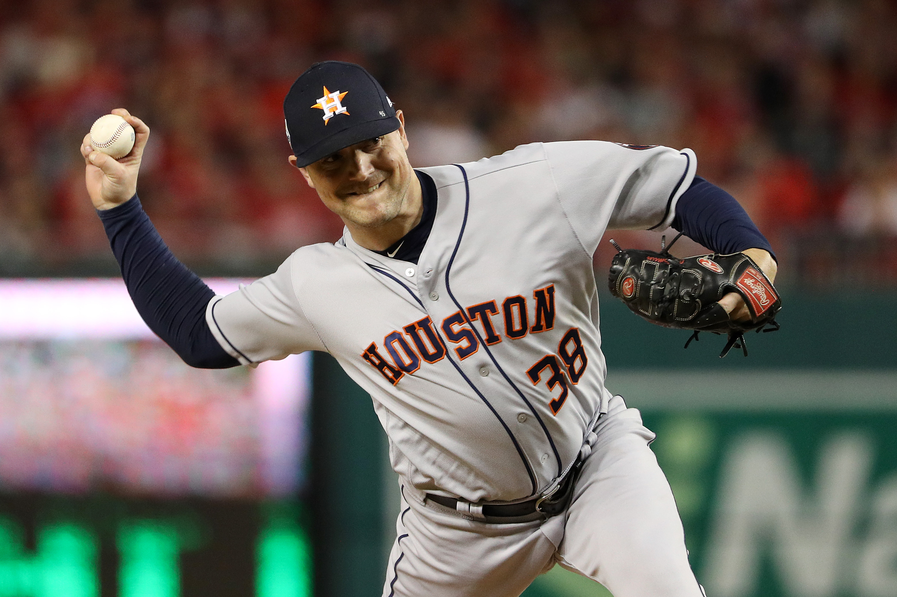 Houston Astros' Michael Brantley celebrates after a single against the  Washington Nationals during the third inning